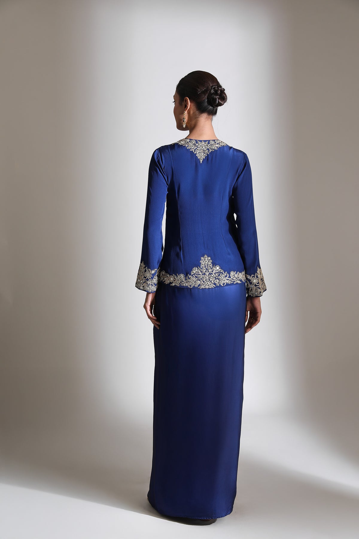 Blue Embroidered Cross Jacket Drape Skirt Set