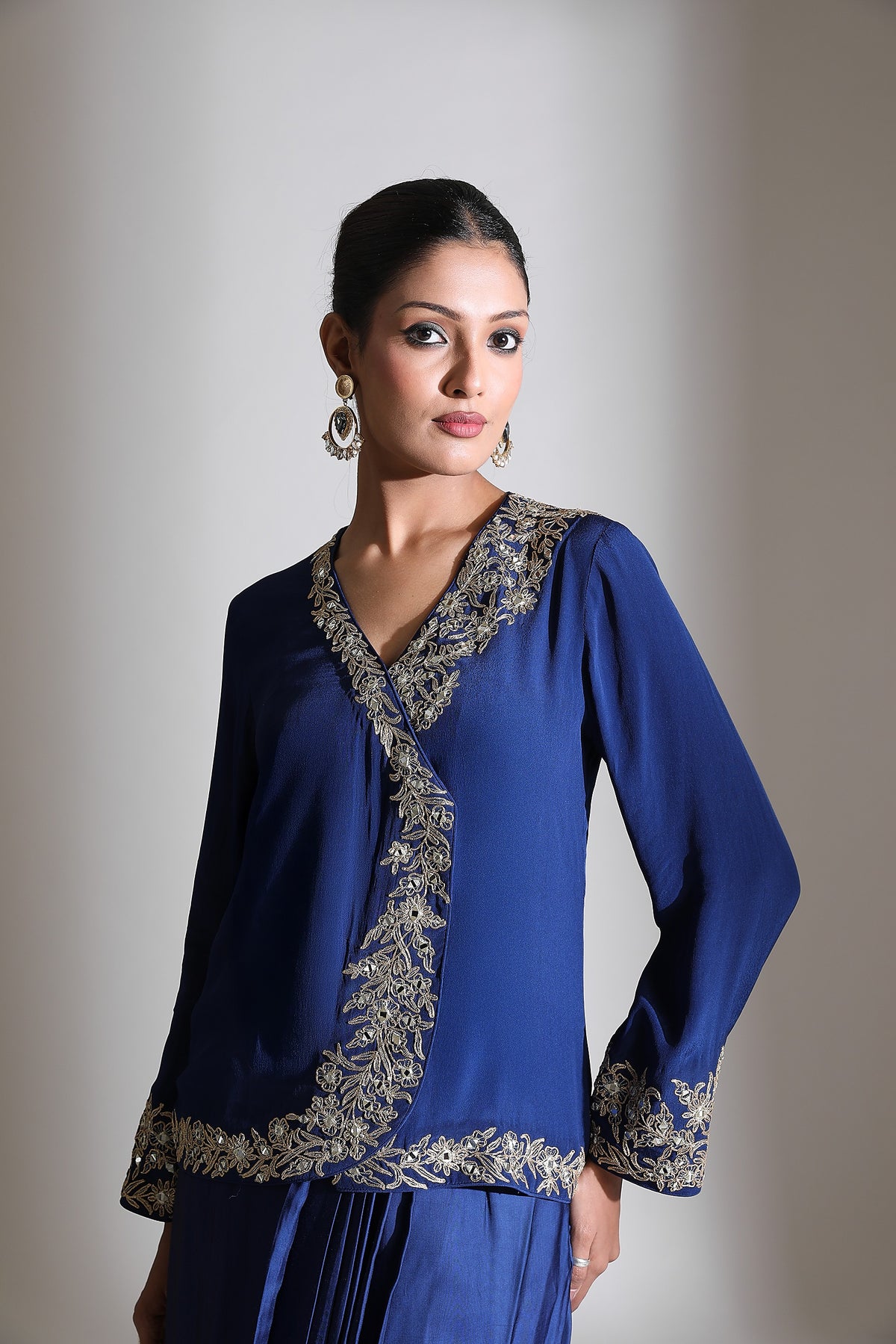 Blue Embroidered Cross Jacket Drape Skirt Set