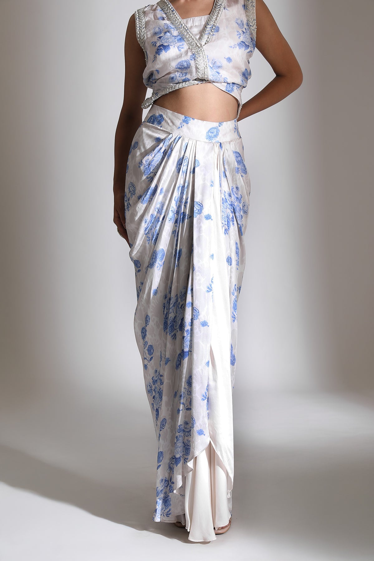 Blue White Floral Printed Jacket with Drape Skirt