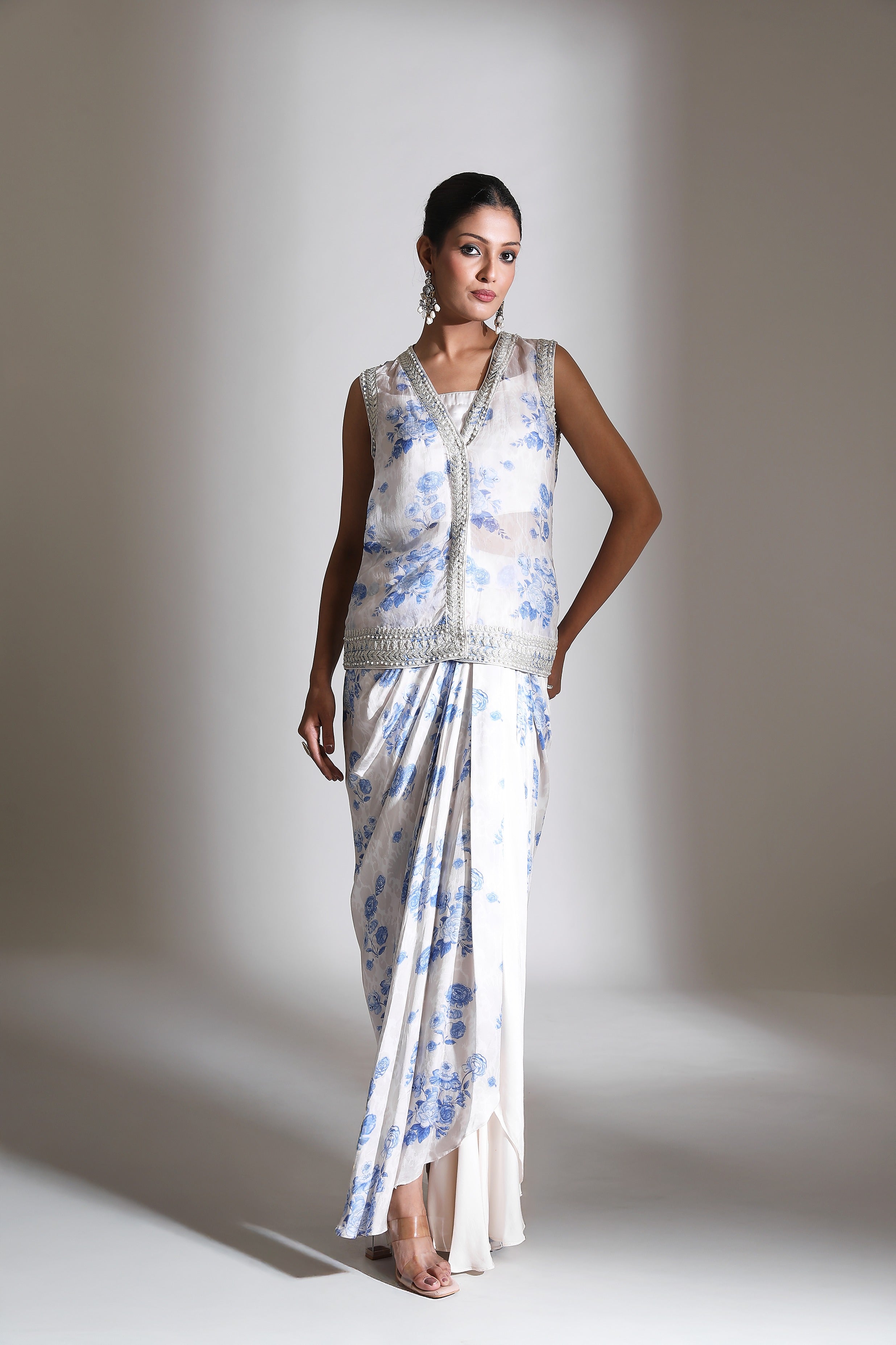 Blue White Floral Printed Jacket with Drape Skirt