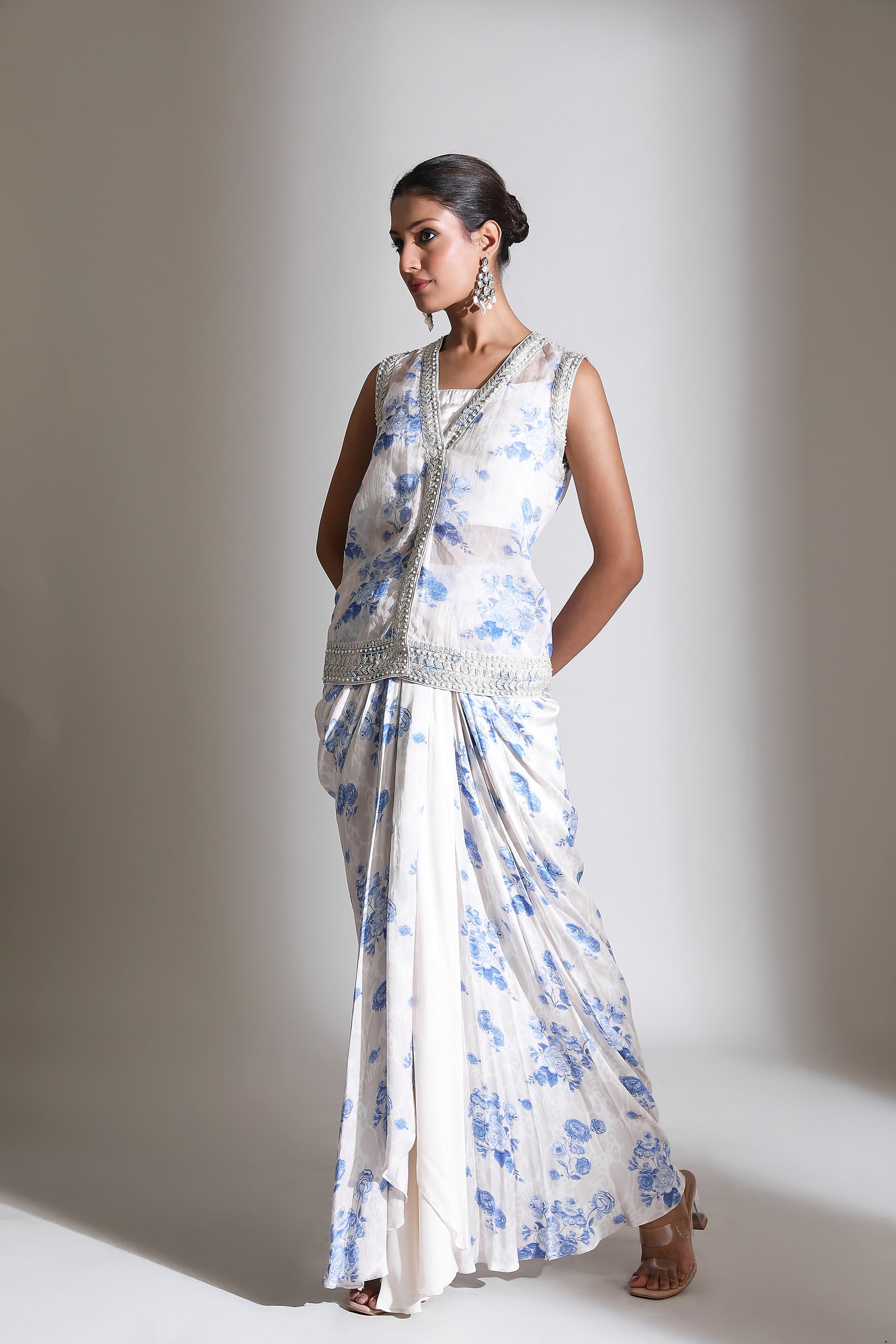 Blue White Floral Printed Jacket with Drape Skirt