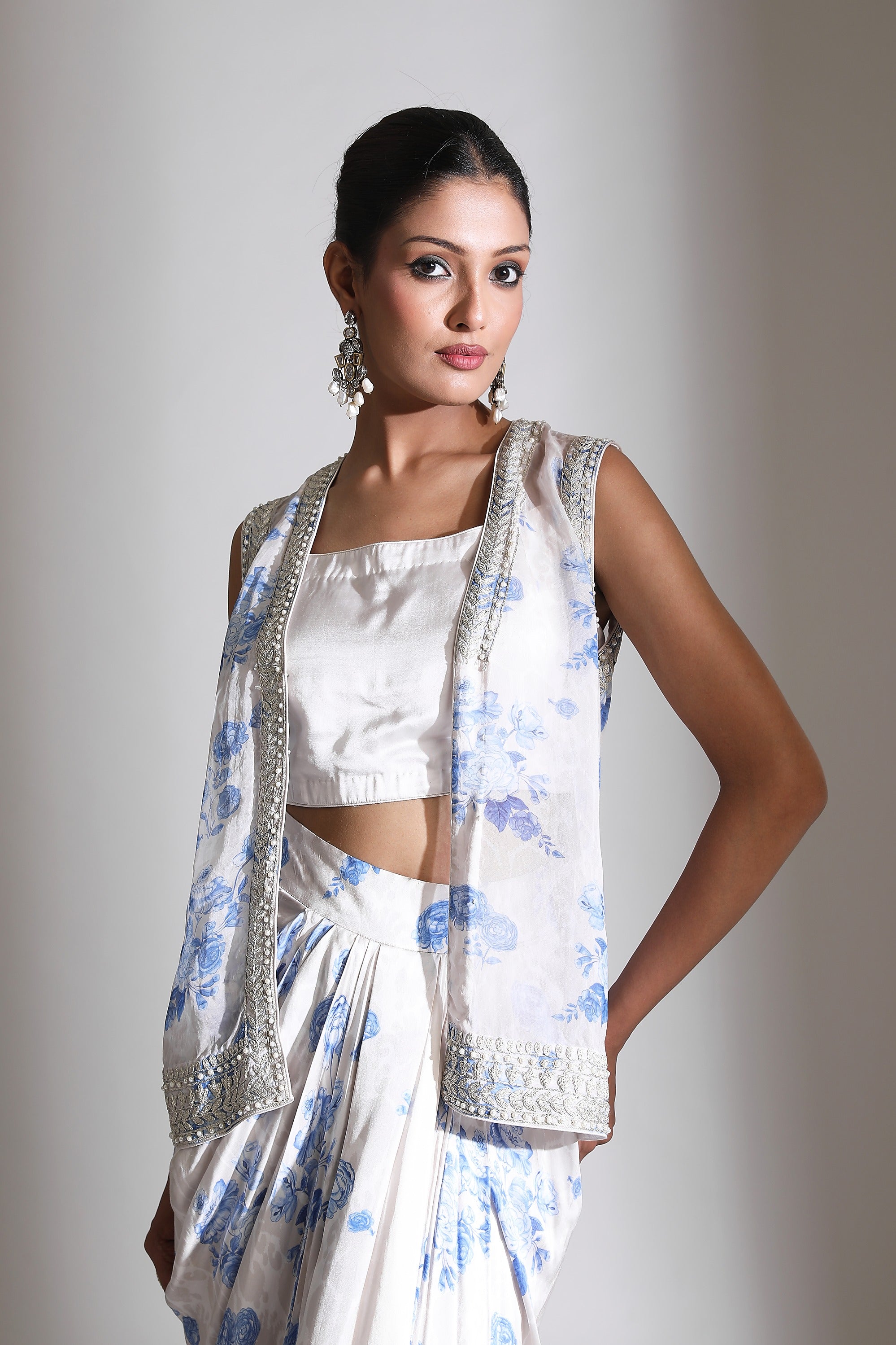 Blue White Floral Printed Jacket with Drape Skirt