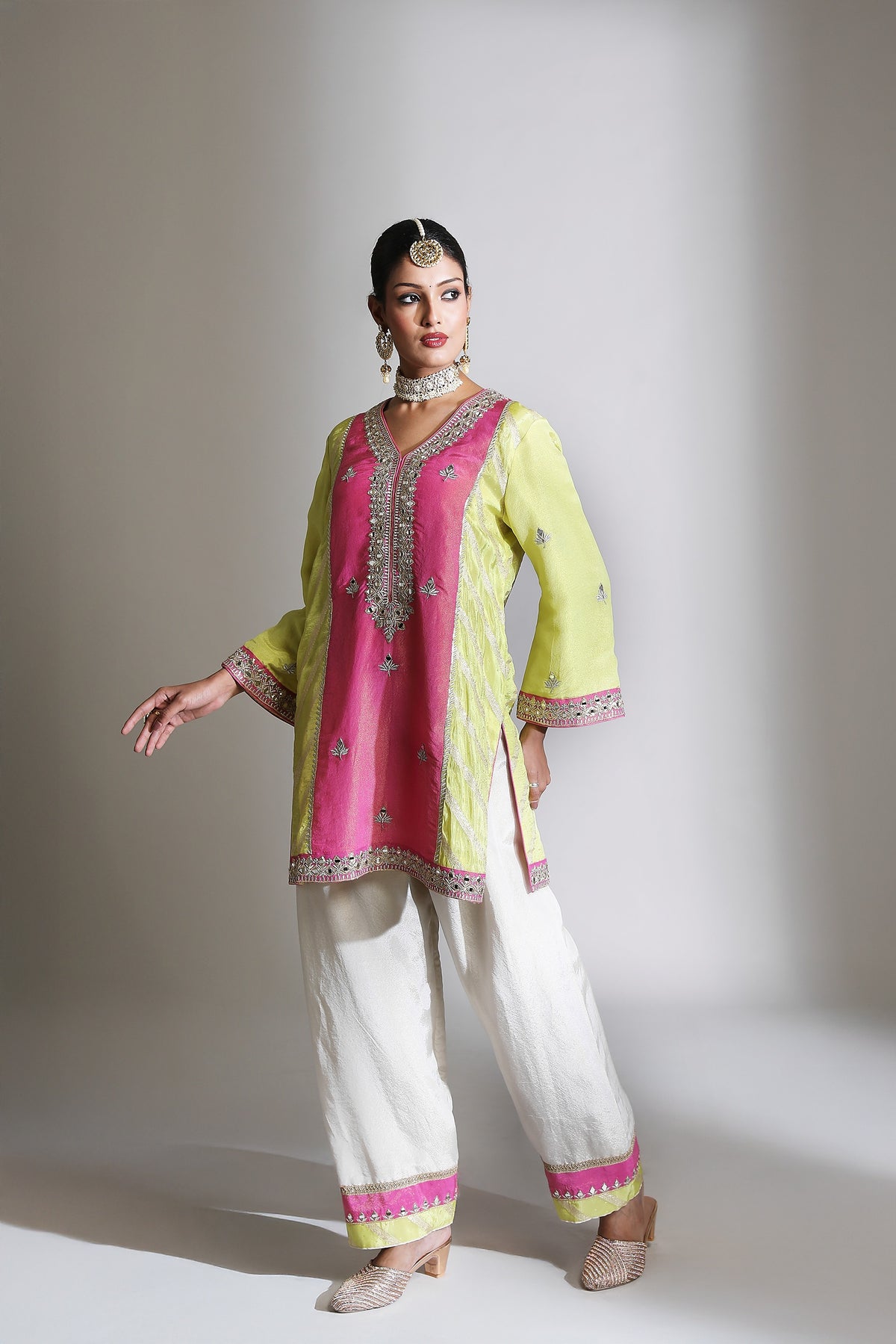 Lime Green/ Pink Mirror Embroidered Kurta Set of 3