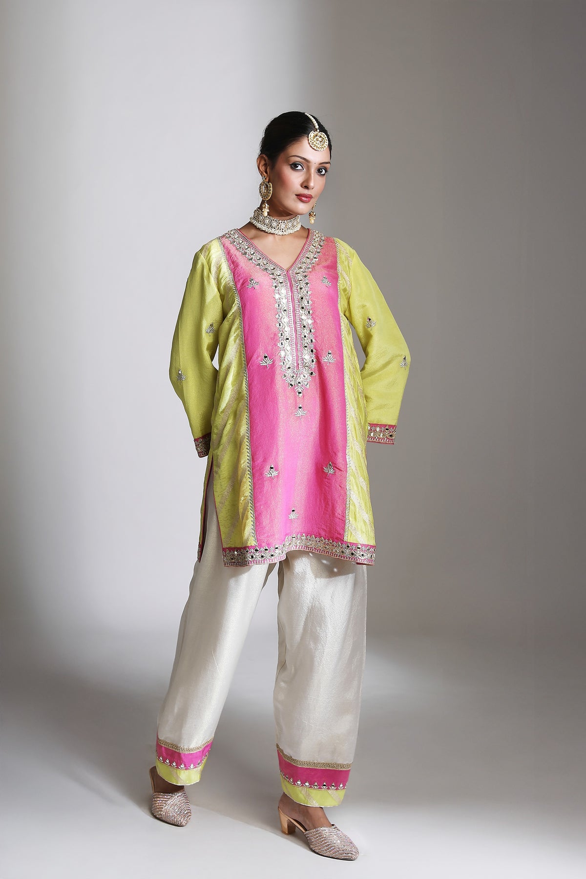 Lime Green/ Pink Mirror Embroidered Kurta Set of 3