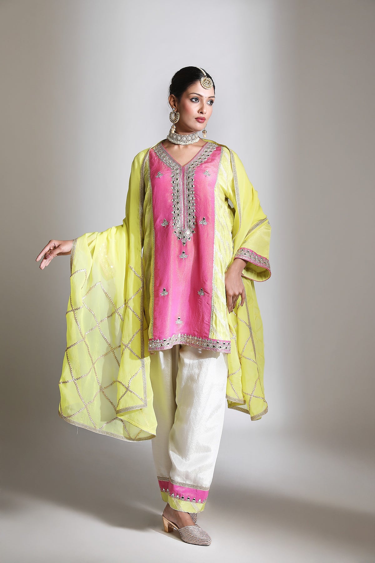 Lime Green/ Pink Mirror Embroidered Kurta Set of 3
