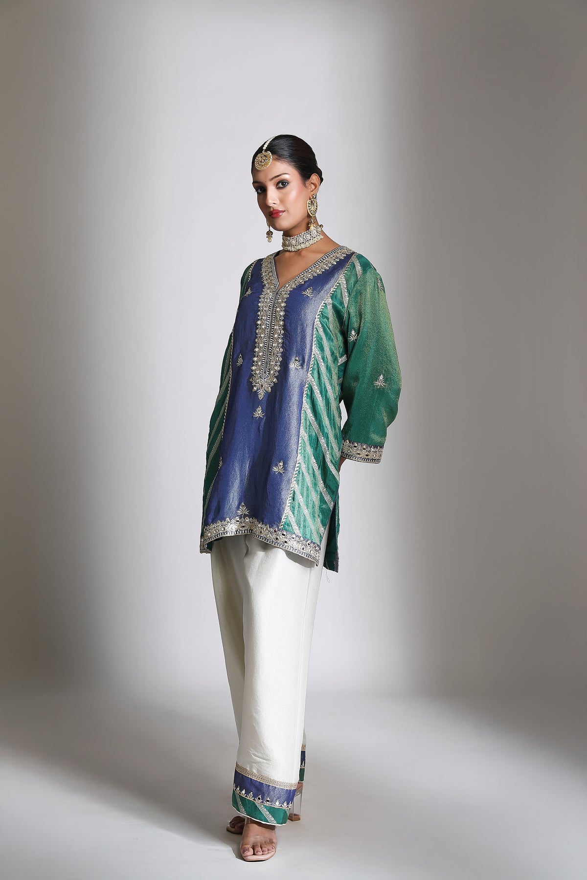 Blue Green Mirror Embroidered Kurta Set of 3