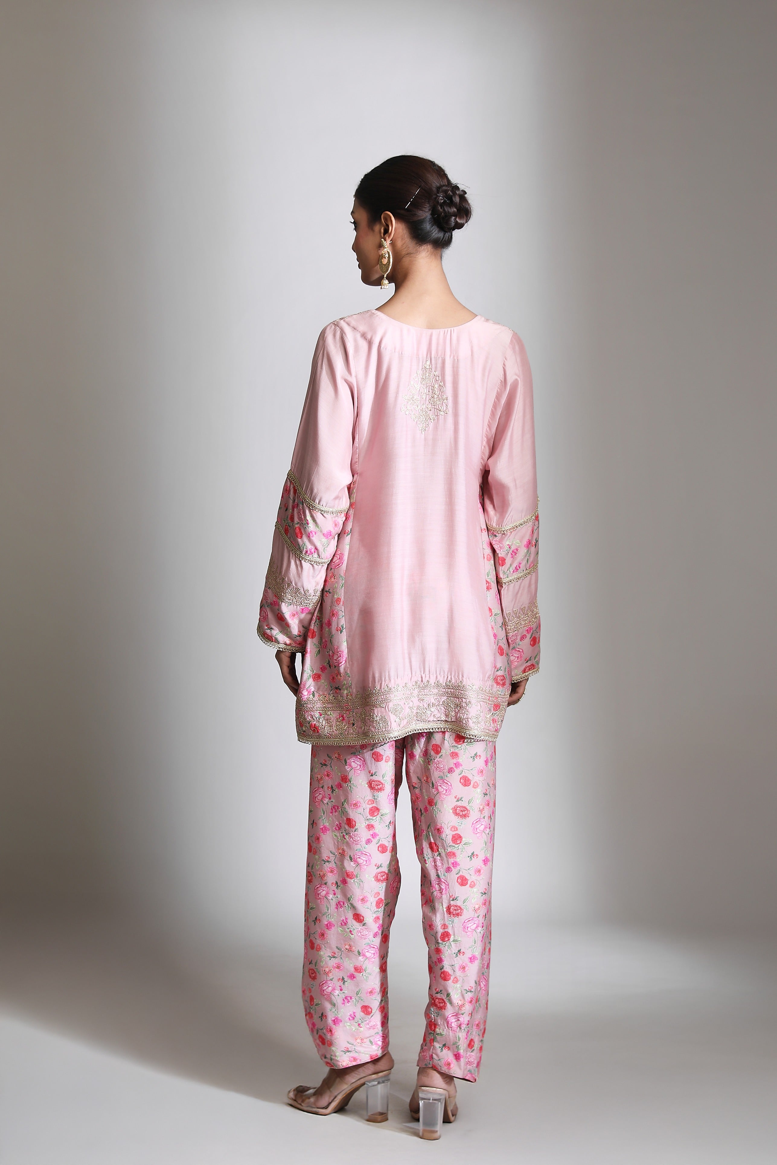 Pink Panel Printed Short Kurta with Salwar & Dupatta Set