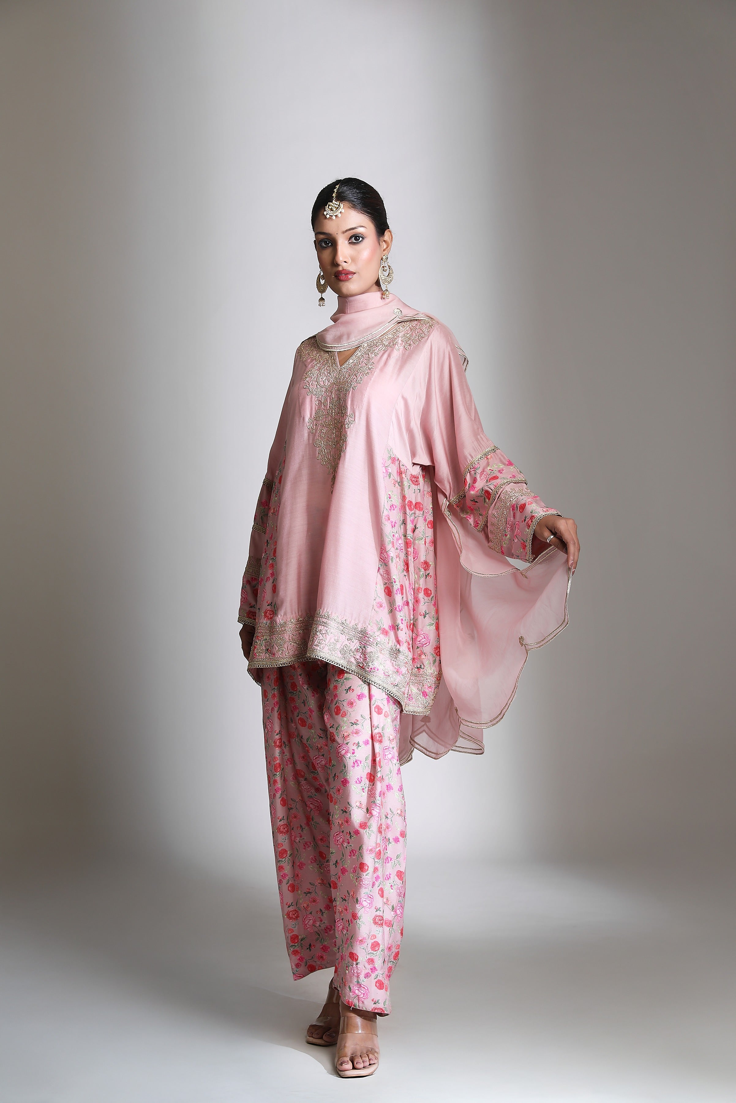 Pink Panel Printed Short Kurta with Salwar & Dupatta Set