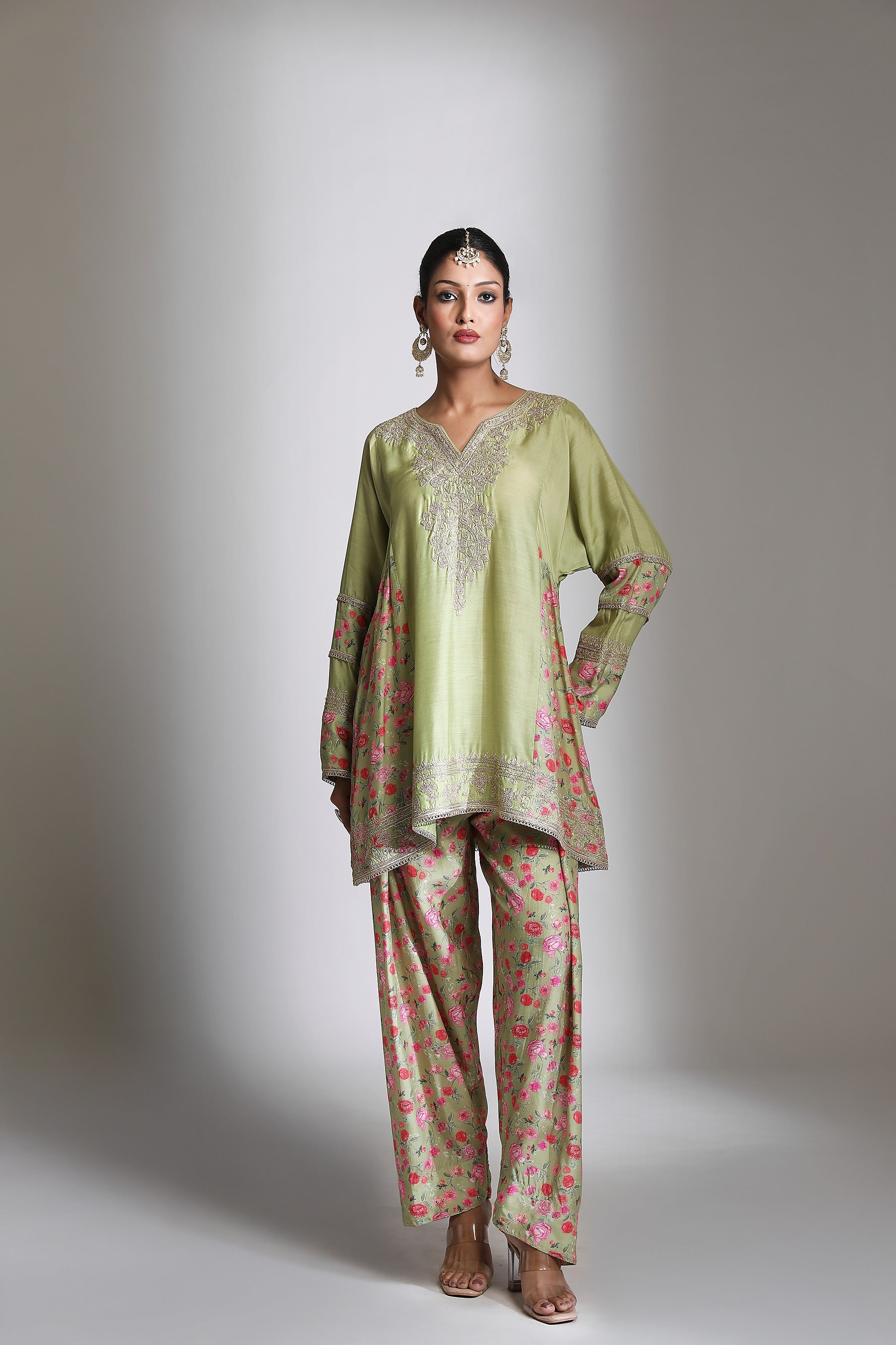 Green Panel Printed Short Kurta with Salwar & Dupatta Set