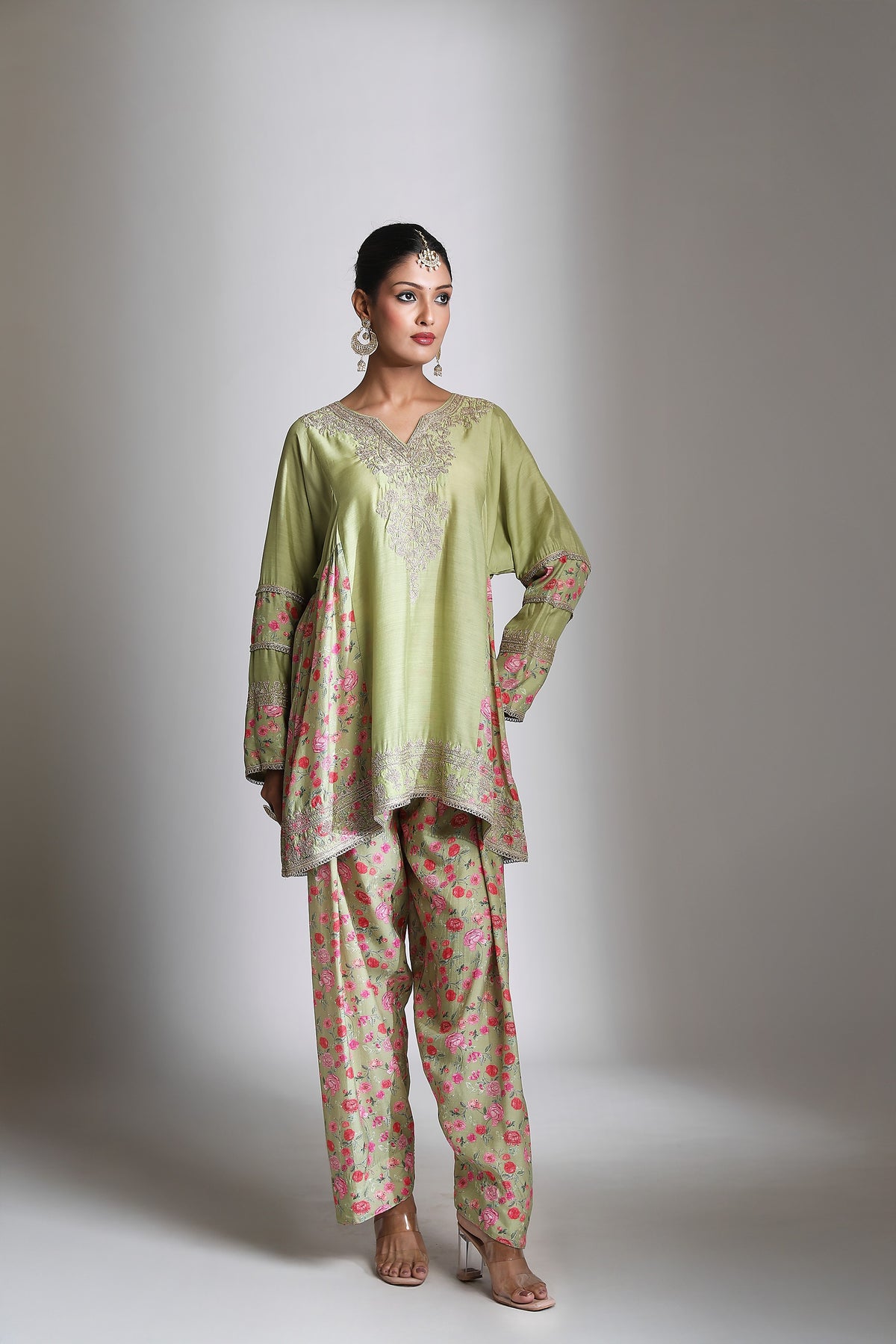 Green Panel Printed Short Kurta with Salwar & Dupatta Set