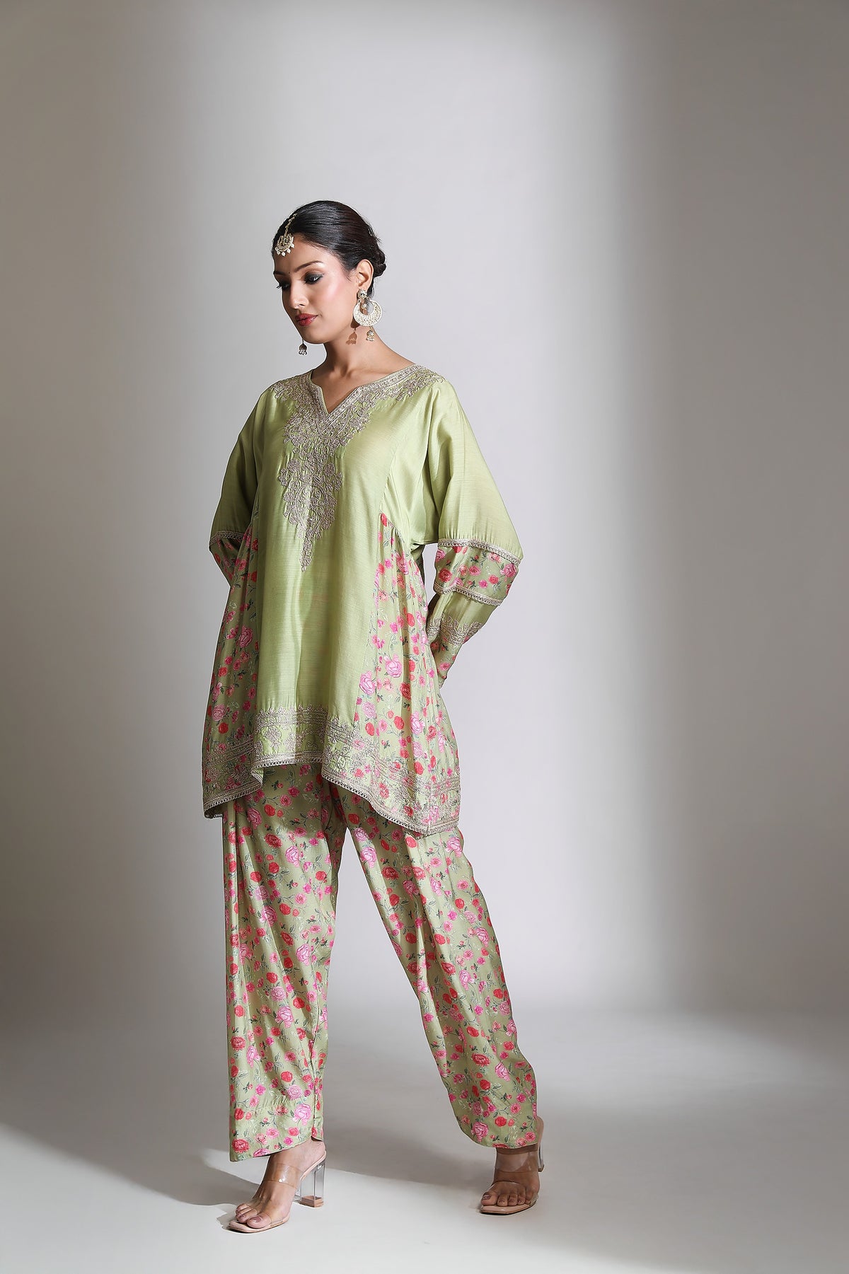 Green Panel Printed Short Kurta with Salwar & Dupatta Set