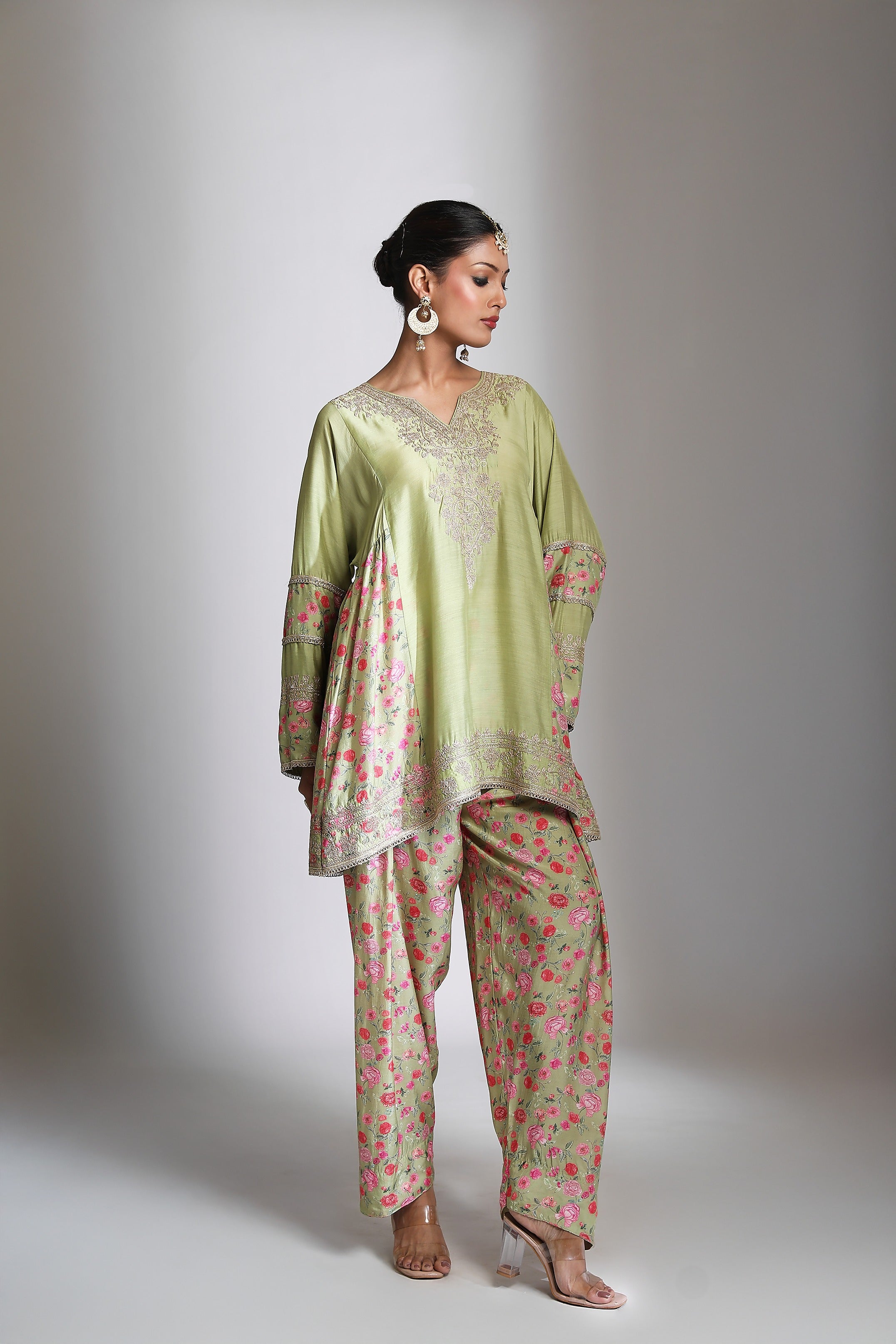 Green Panel Printed Short Kurta with Salwar & Dupatta Set