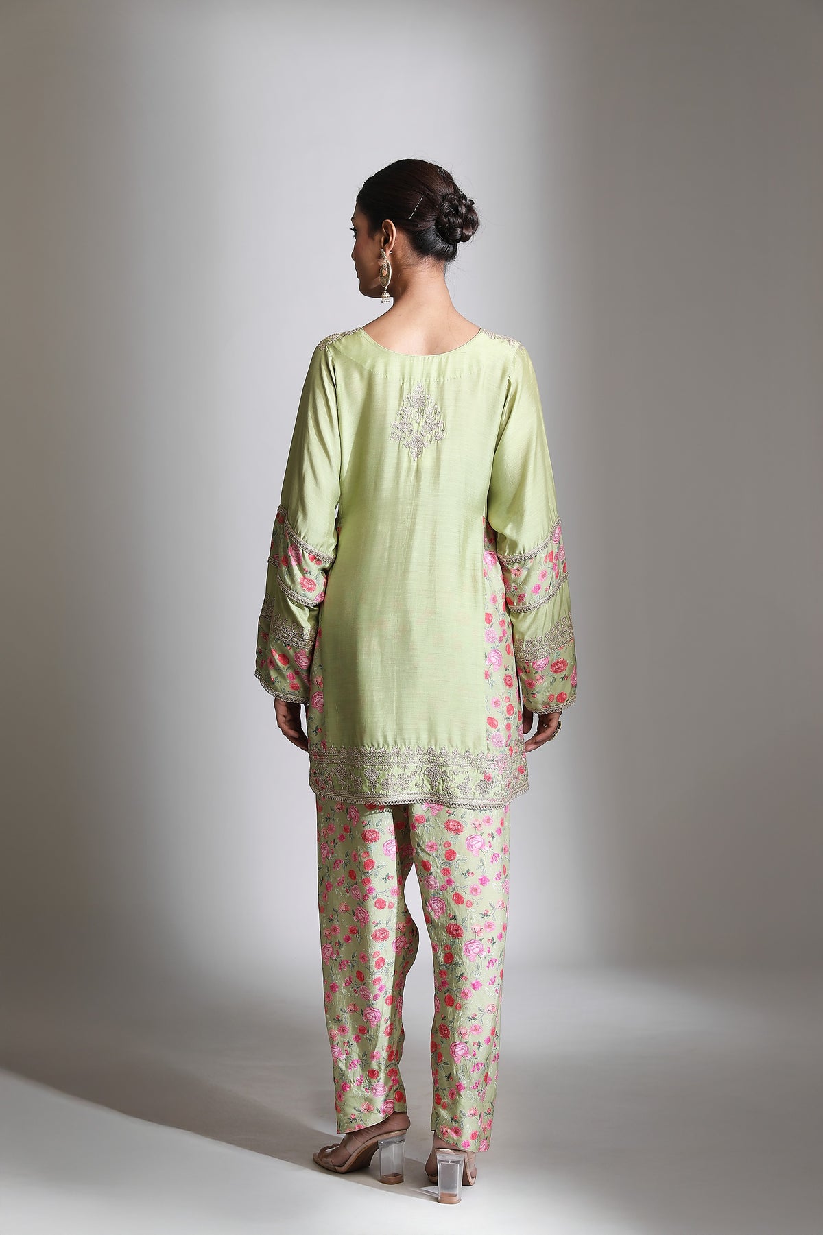 Green Panel Printed Short Kurta with Salwar & Dupatta Set