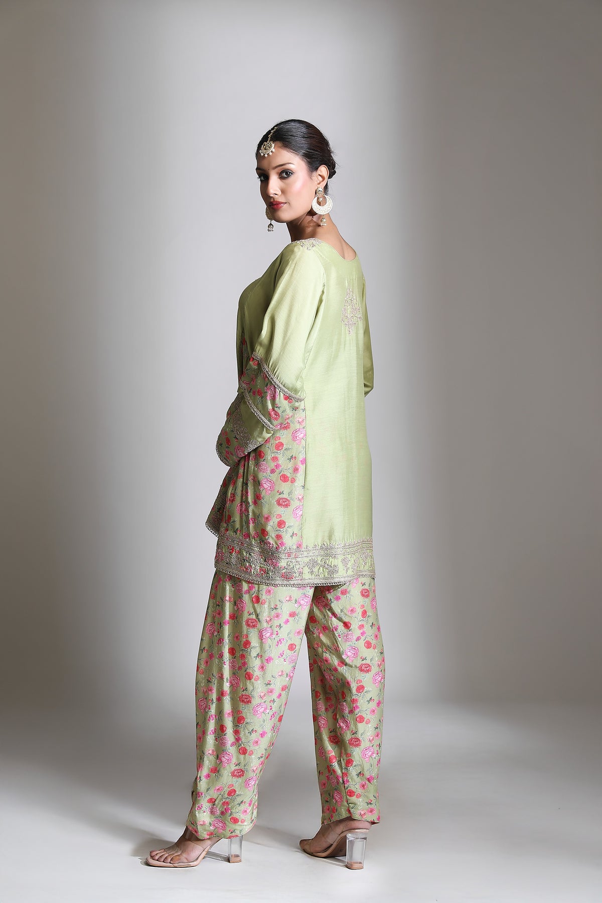 Green Panel Printed Short Kurta with Salwar & Dupatta Set