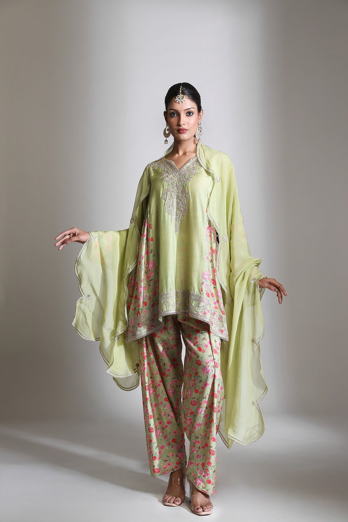 Green Panel Printed Short Kurta with Salwar & Dupatta Set