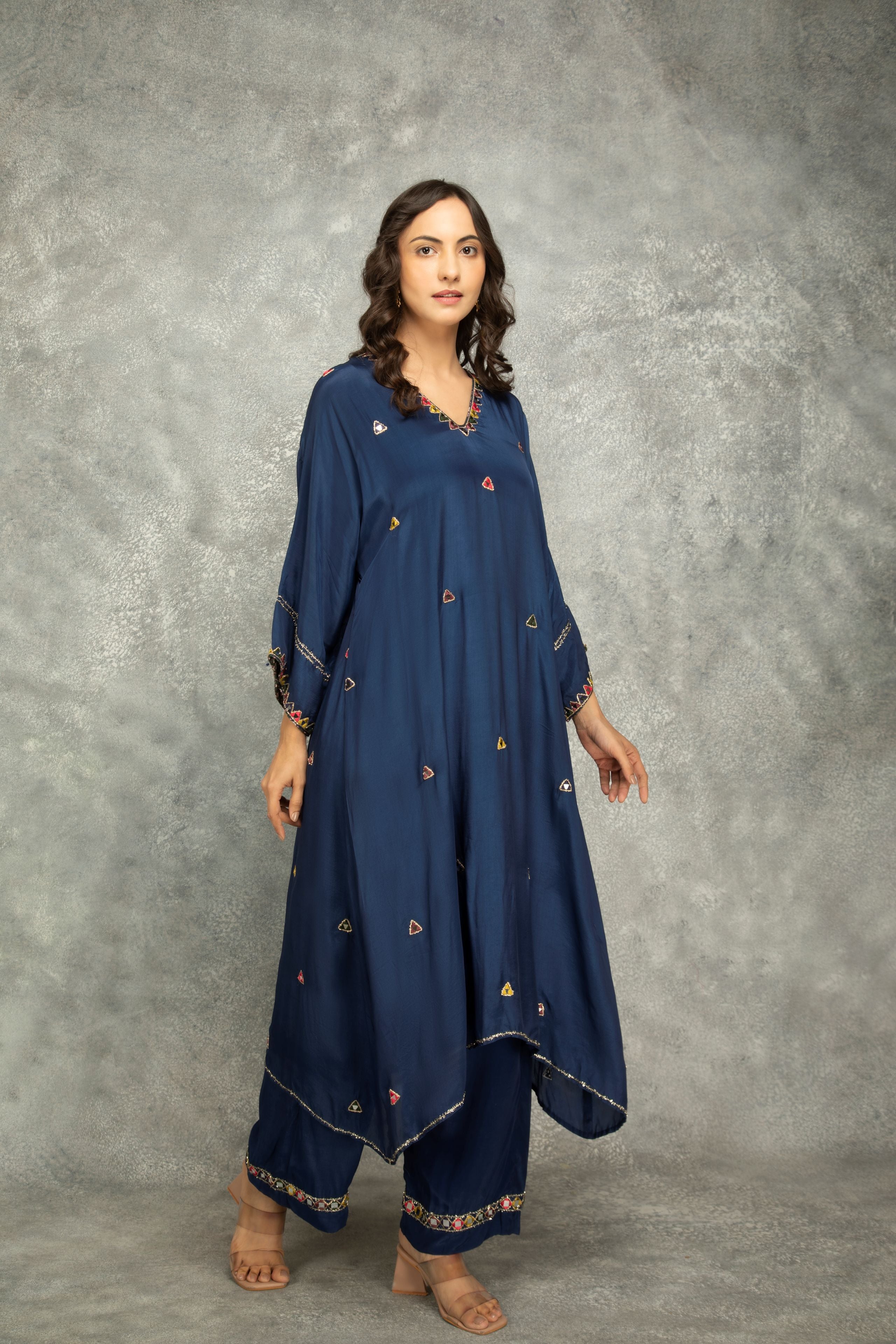 Blue High Low Low Mirror Work Kaftaan Set