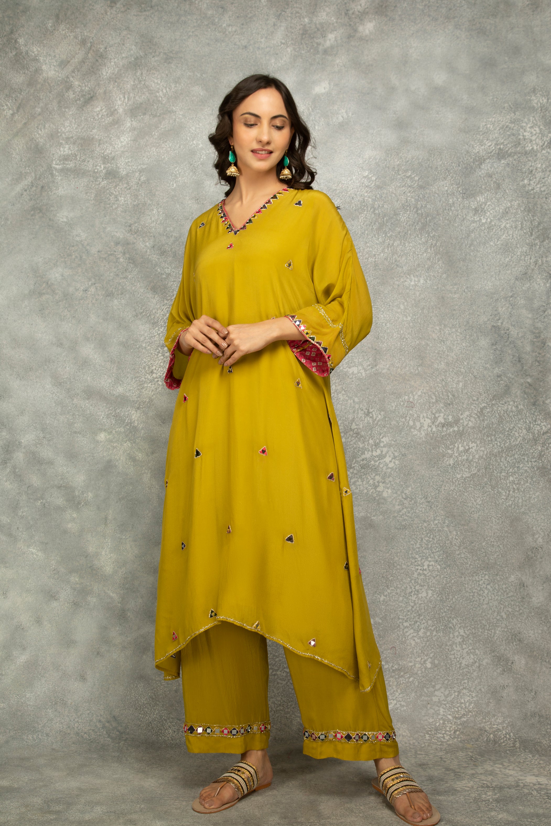 Mustard Green High Low Low Mirror Work Kaftaan Set