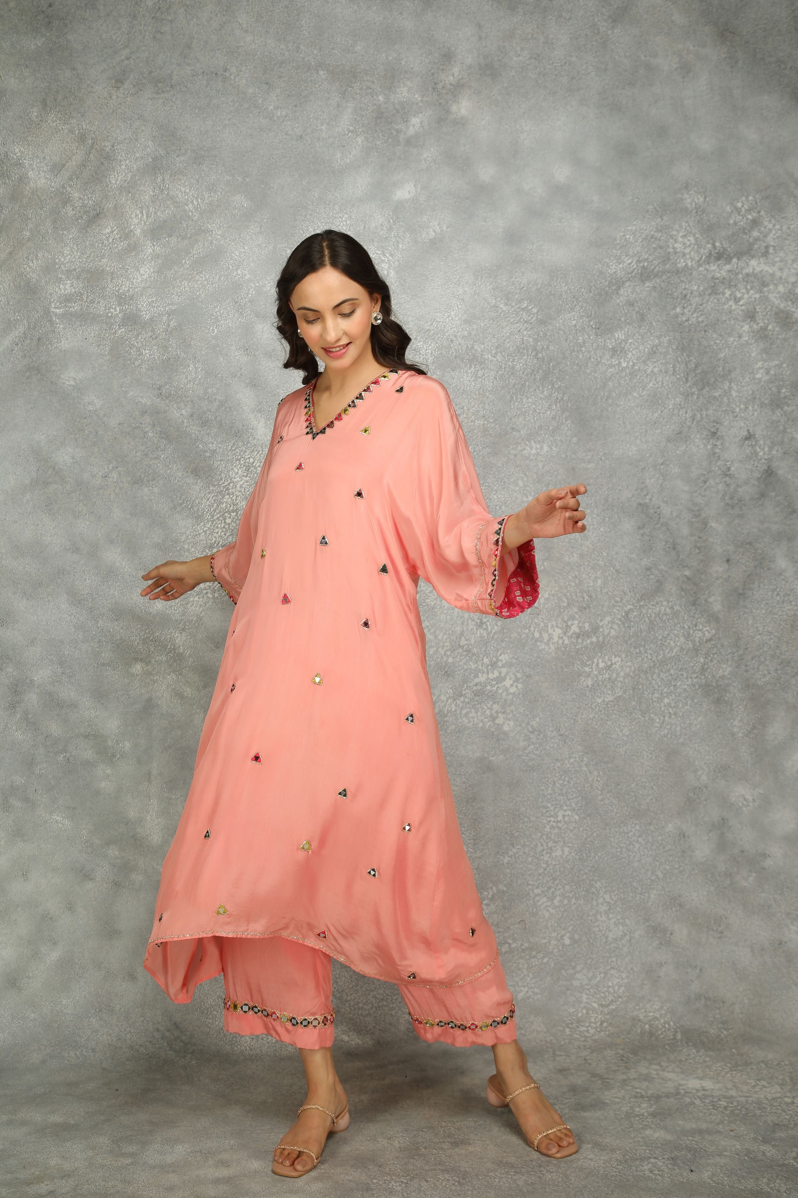 Peach High Low Low Mirror Work Kaftaan Set