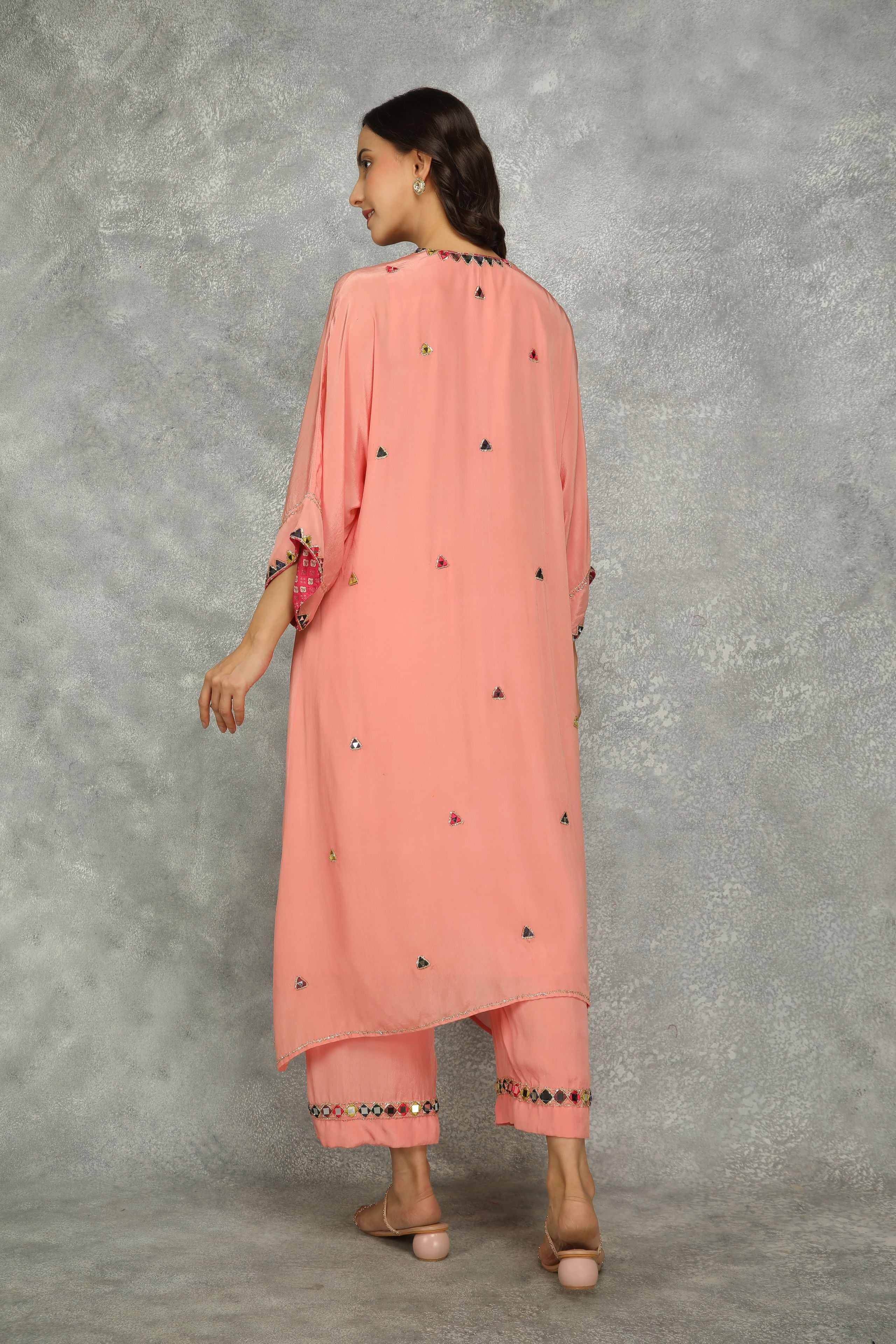 Peach High Low Low Mirror Work Kaftaan Set