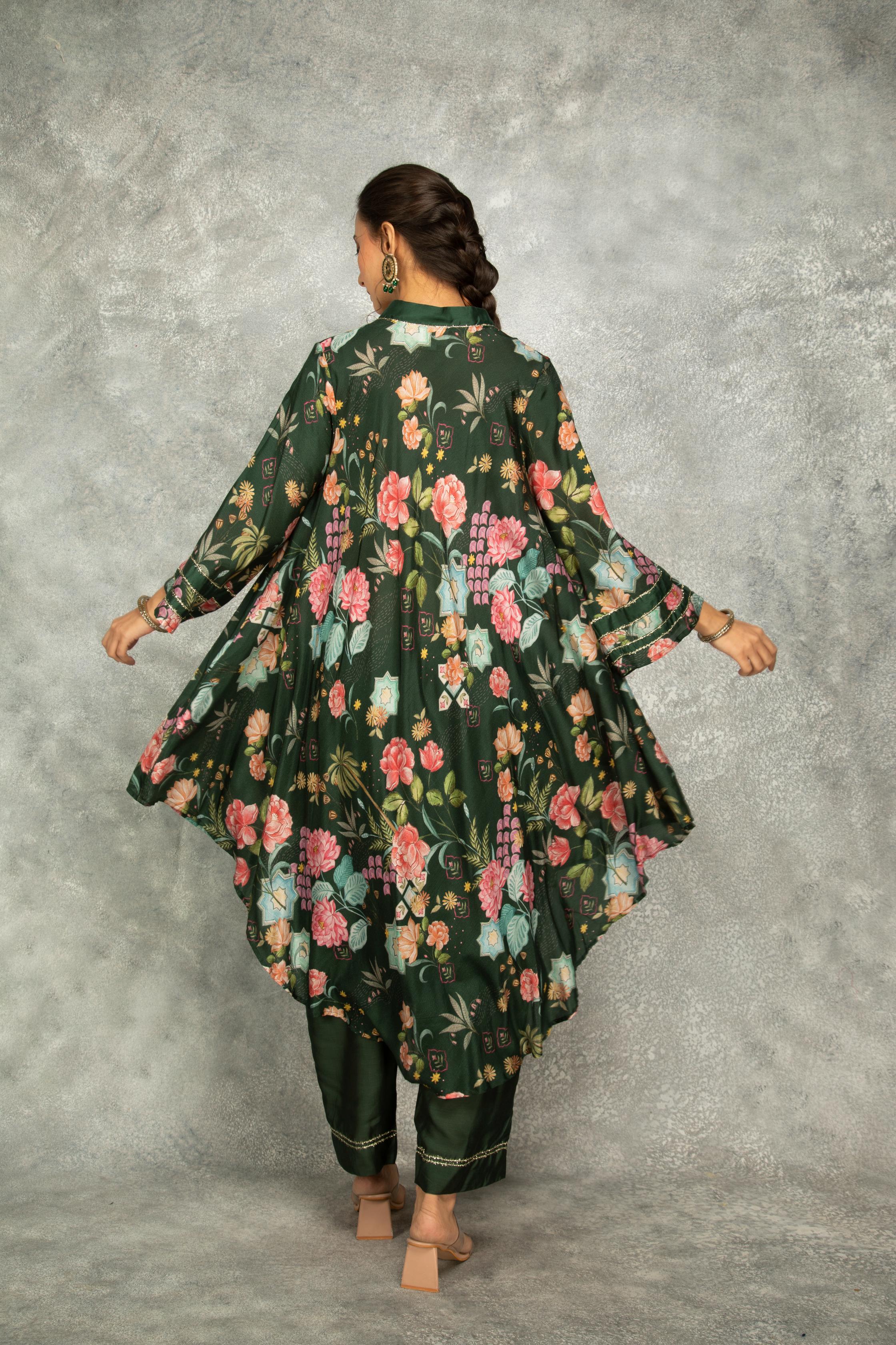 Forest Green Printed High Low Kurta with Solid Pants