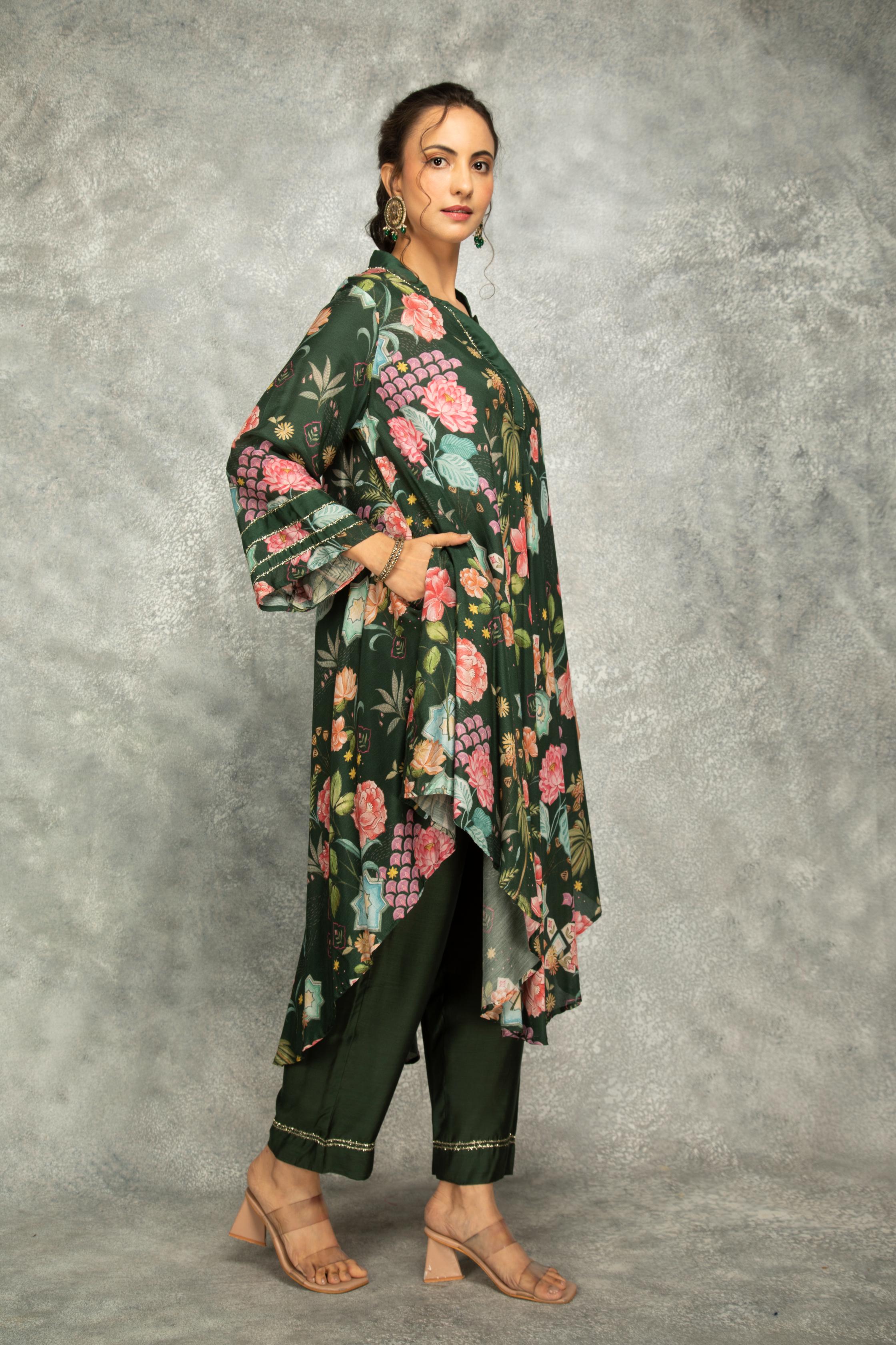 Forest Green Printed High Low Kurta with Solid Pants