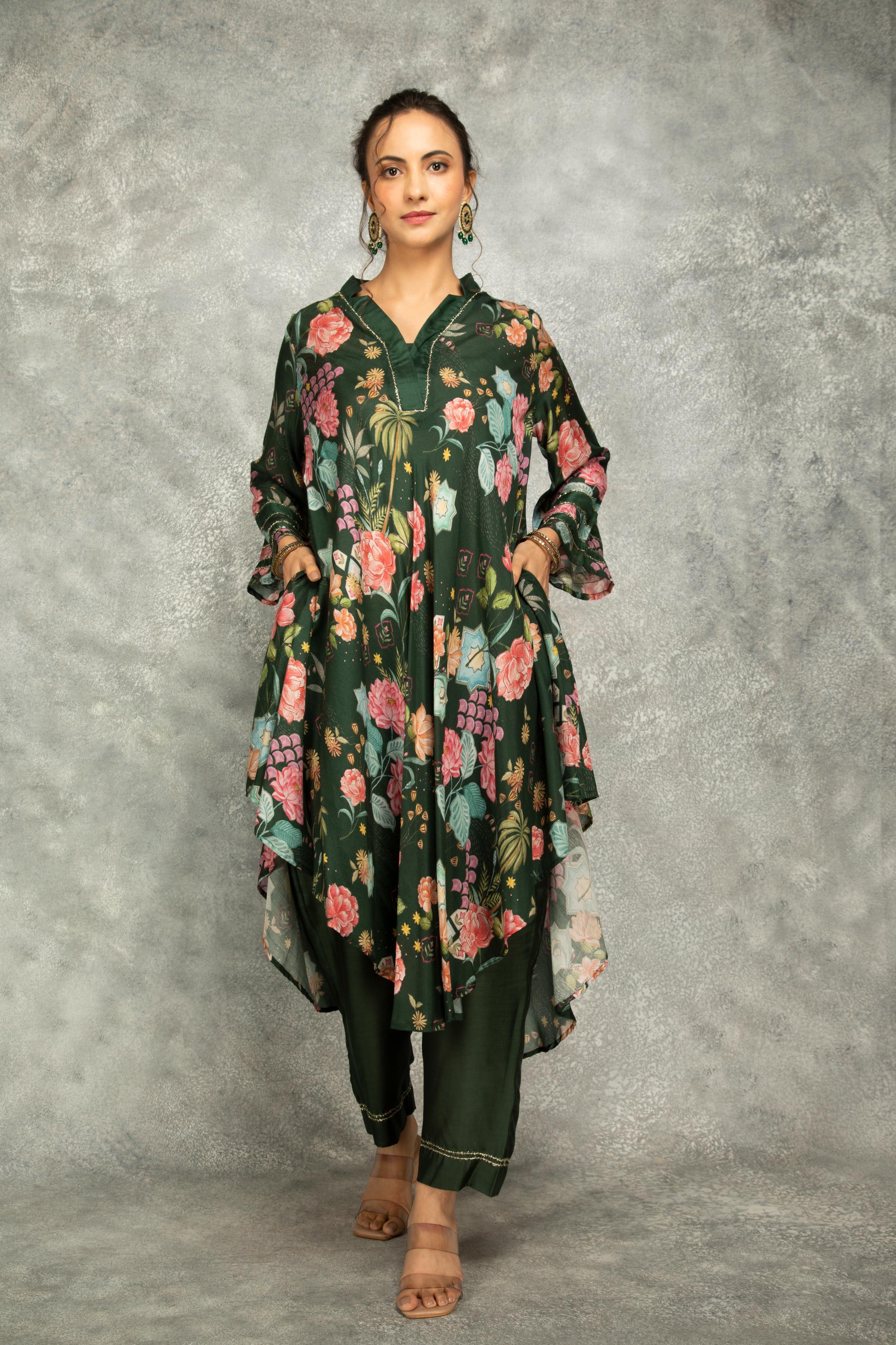 Forest Green Printed High Low Kurta with Solid Pants