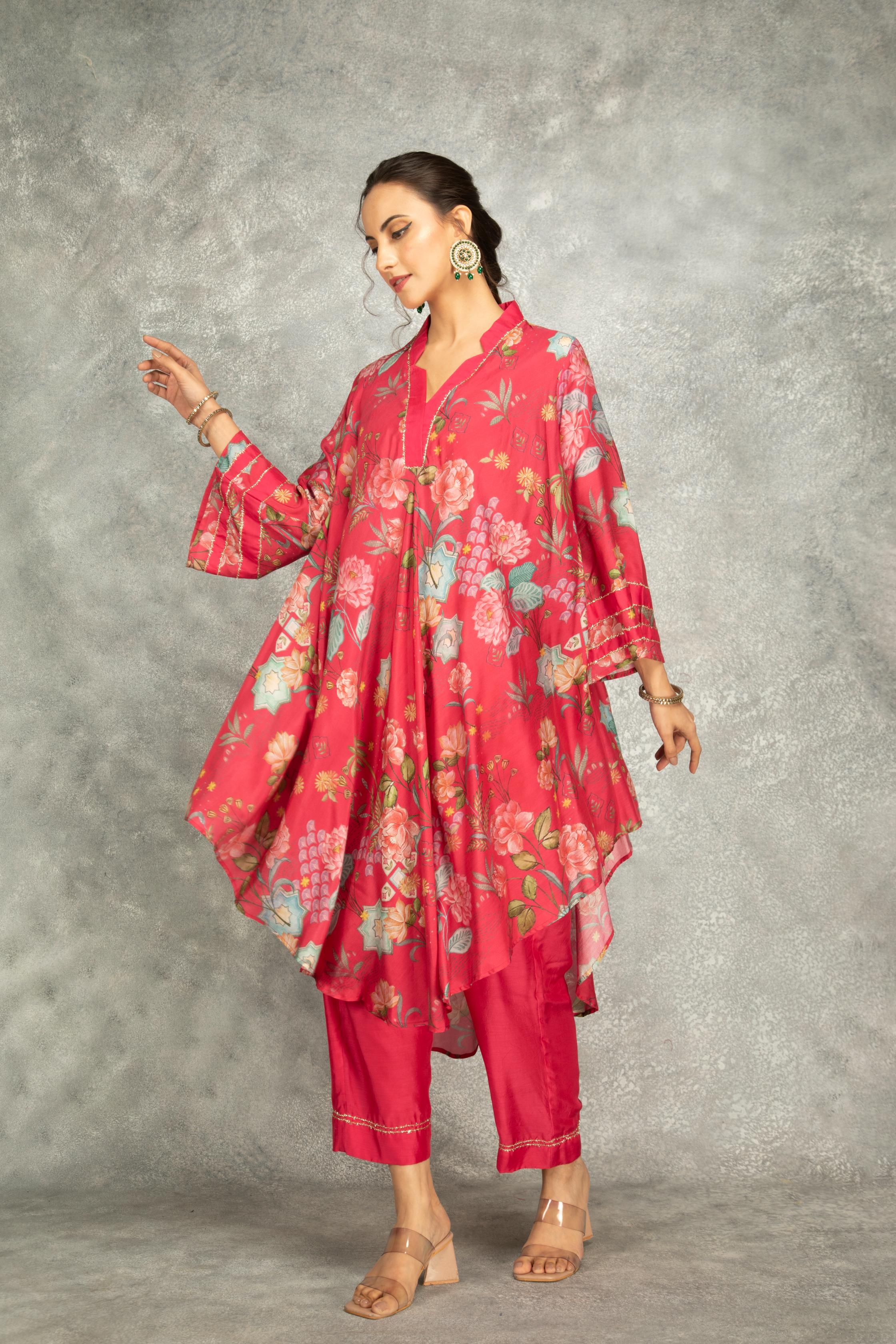 Hot Pink Printed High Low Kurta with Solid Pants