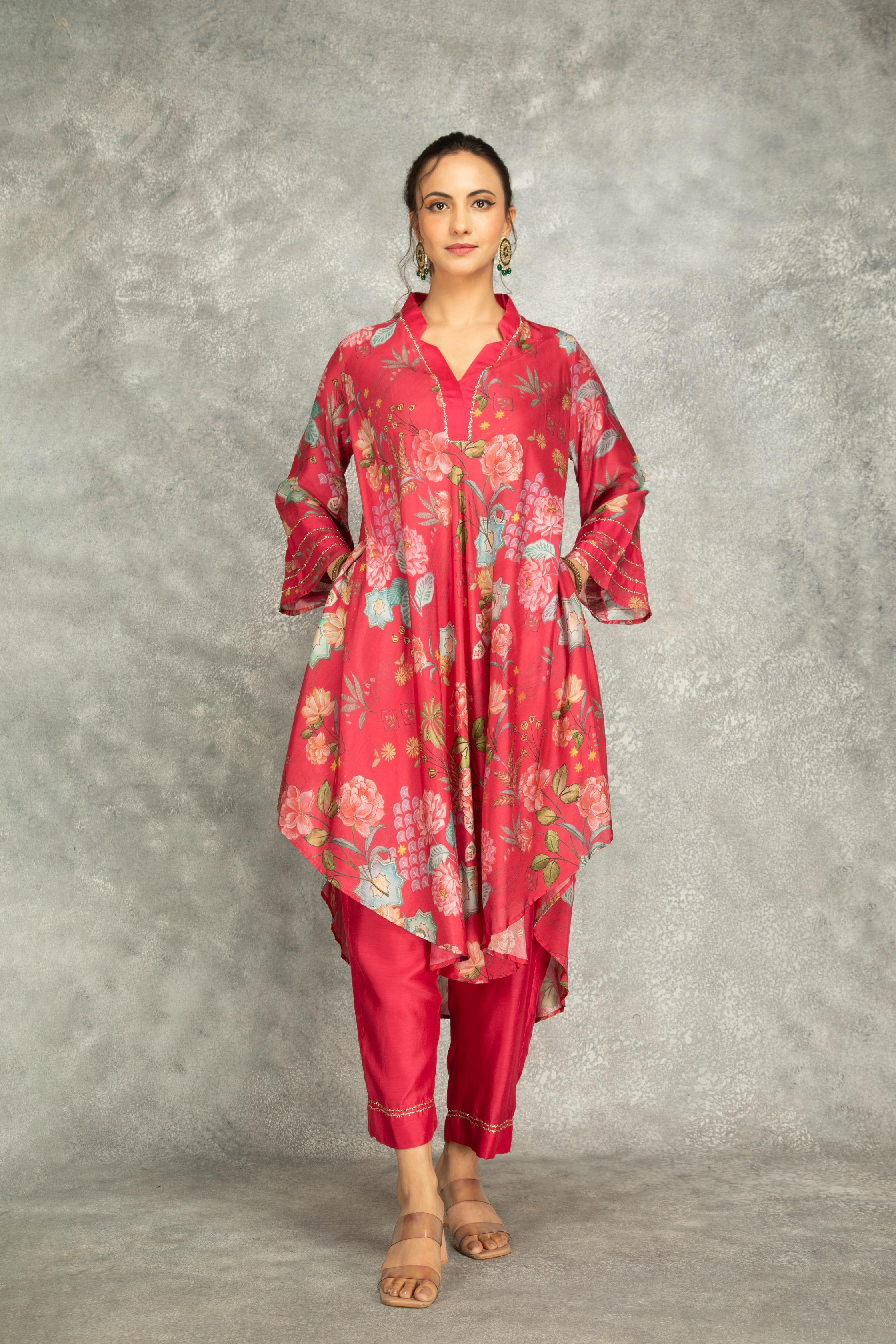 Hot Pink Printed High Low Kurta with Solid Pants