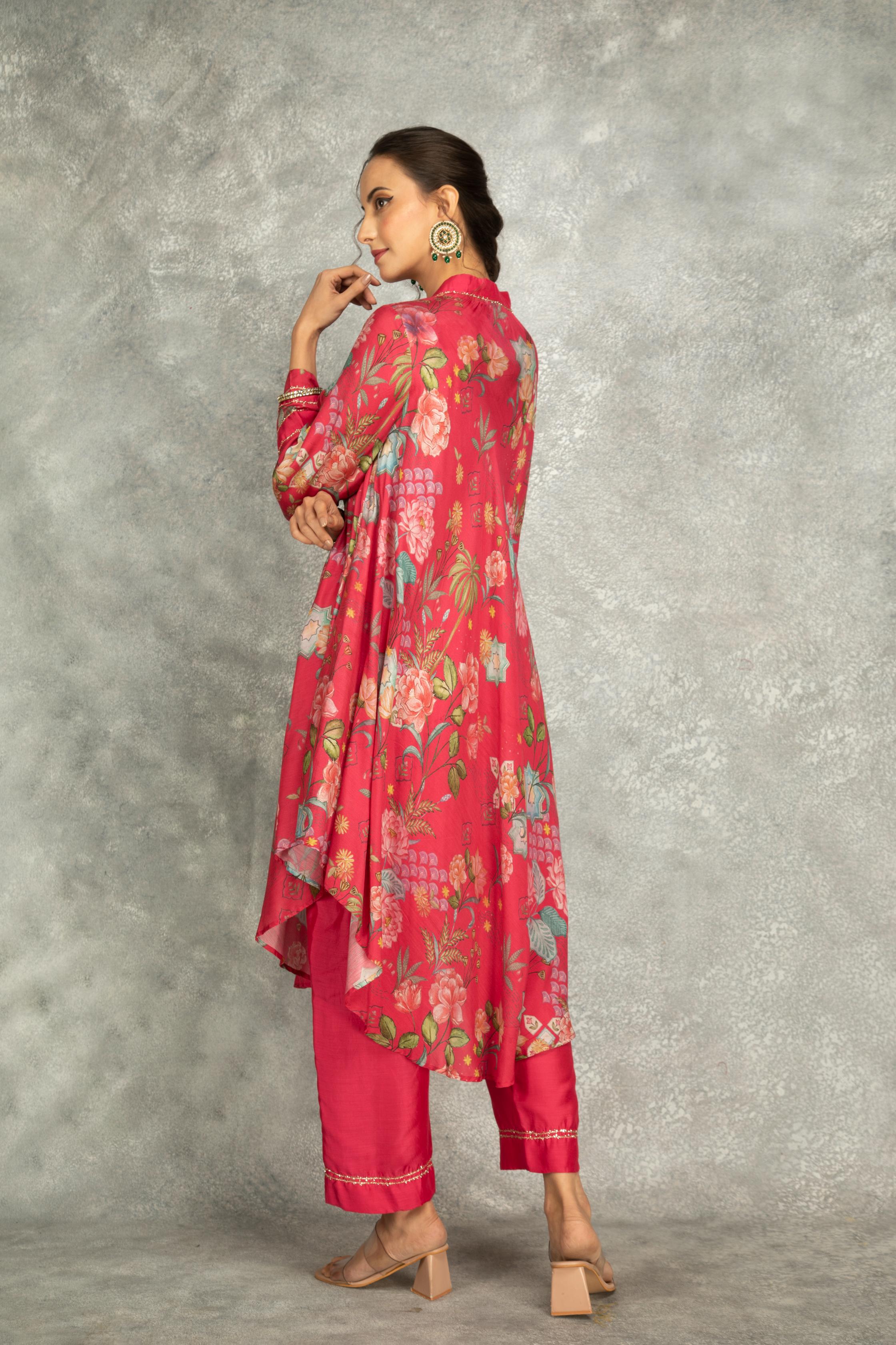 Hot Pink Printed High Low Kurta with Solid Pants