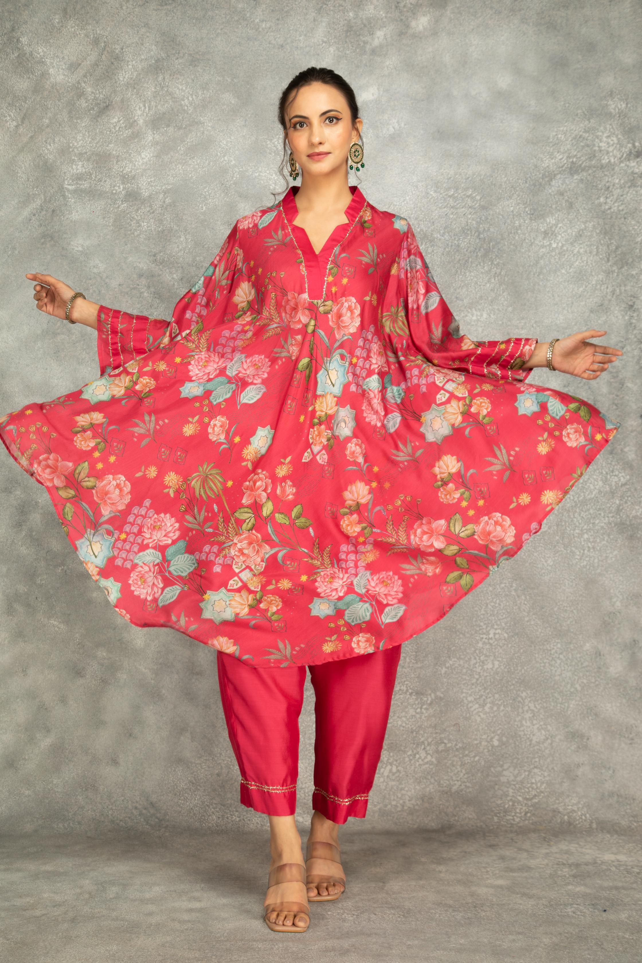 Hot Pink Printed High Low Kurta with Solid Pants