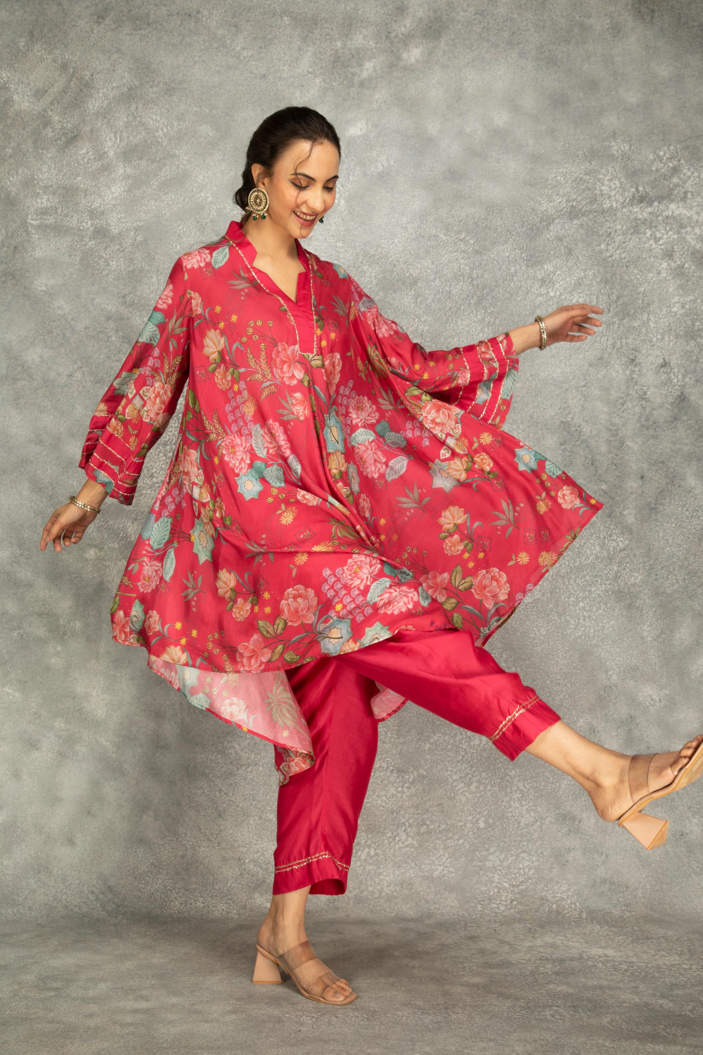 Hot Pink Printed High Low Kurta with Solid Pants