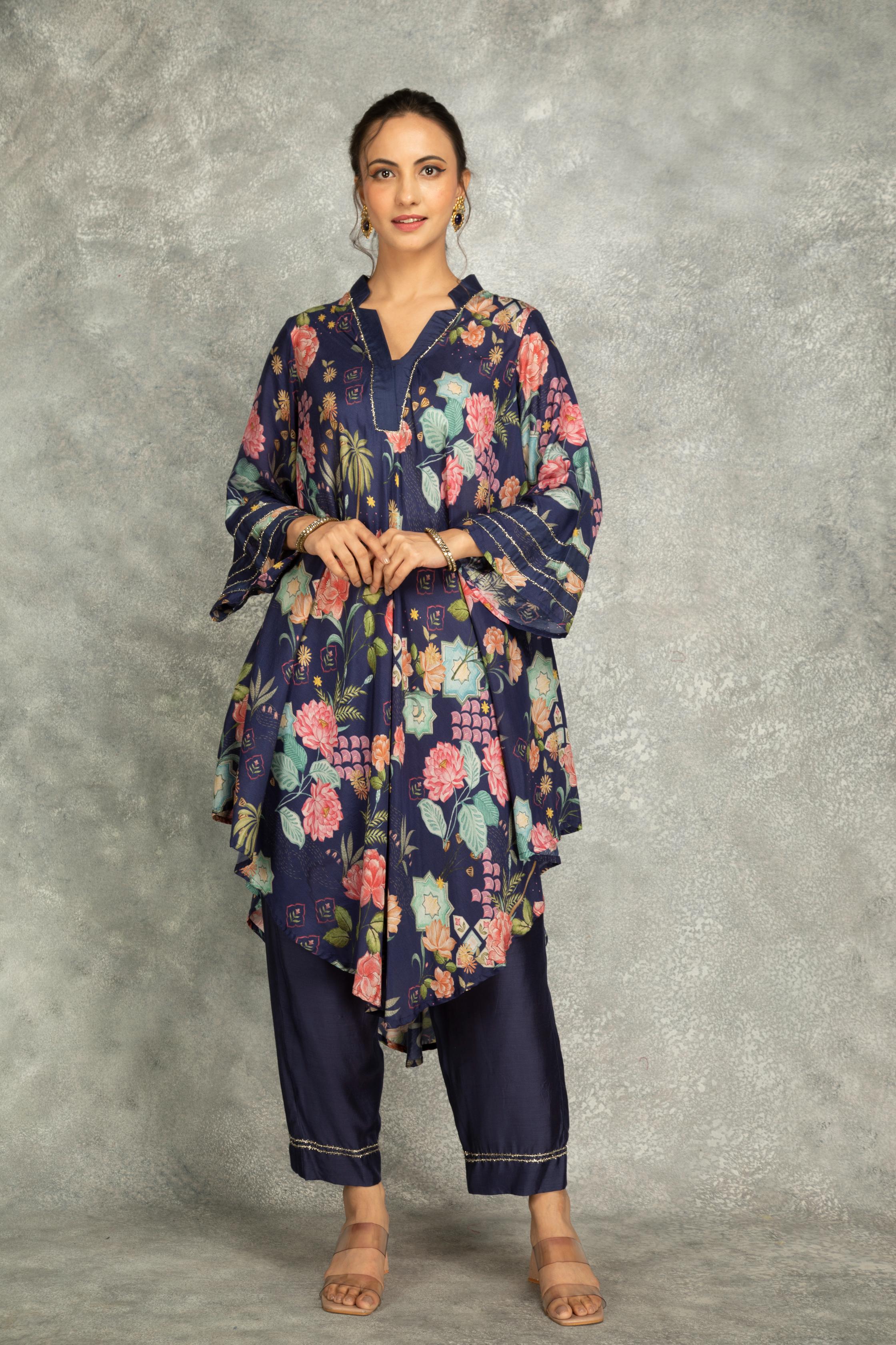 Blue Printed High Low Kurta with Solid Pants