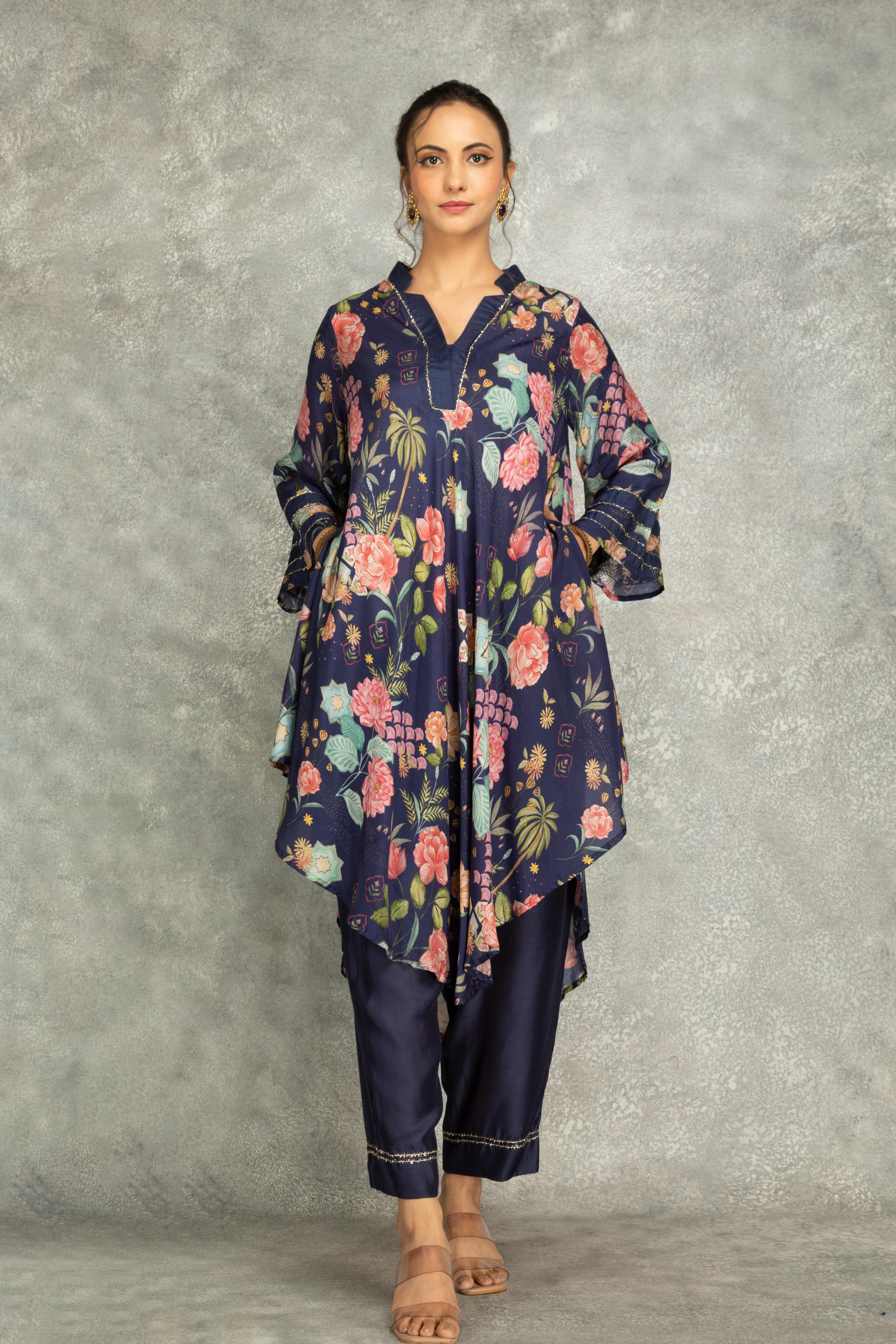 Blue Printed High Low Kurta with Solid Pants