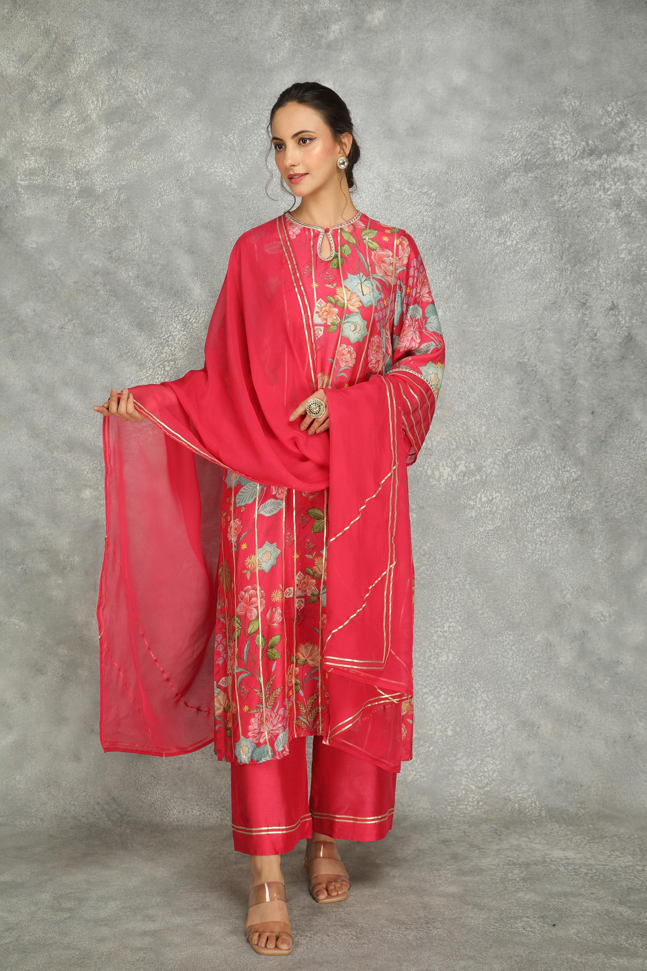 Hot Pink Printed Kurta with Pants and Dupatta Set of 3