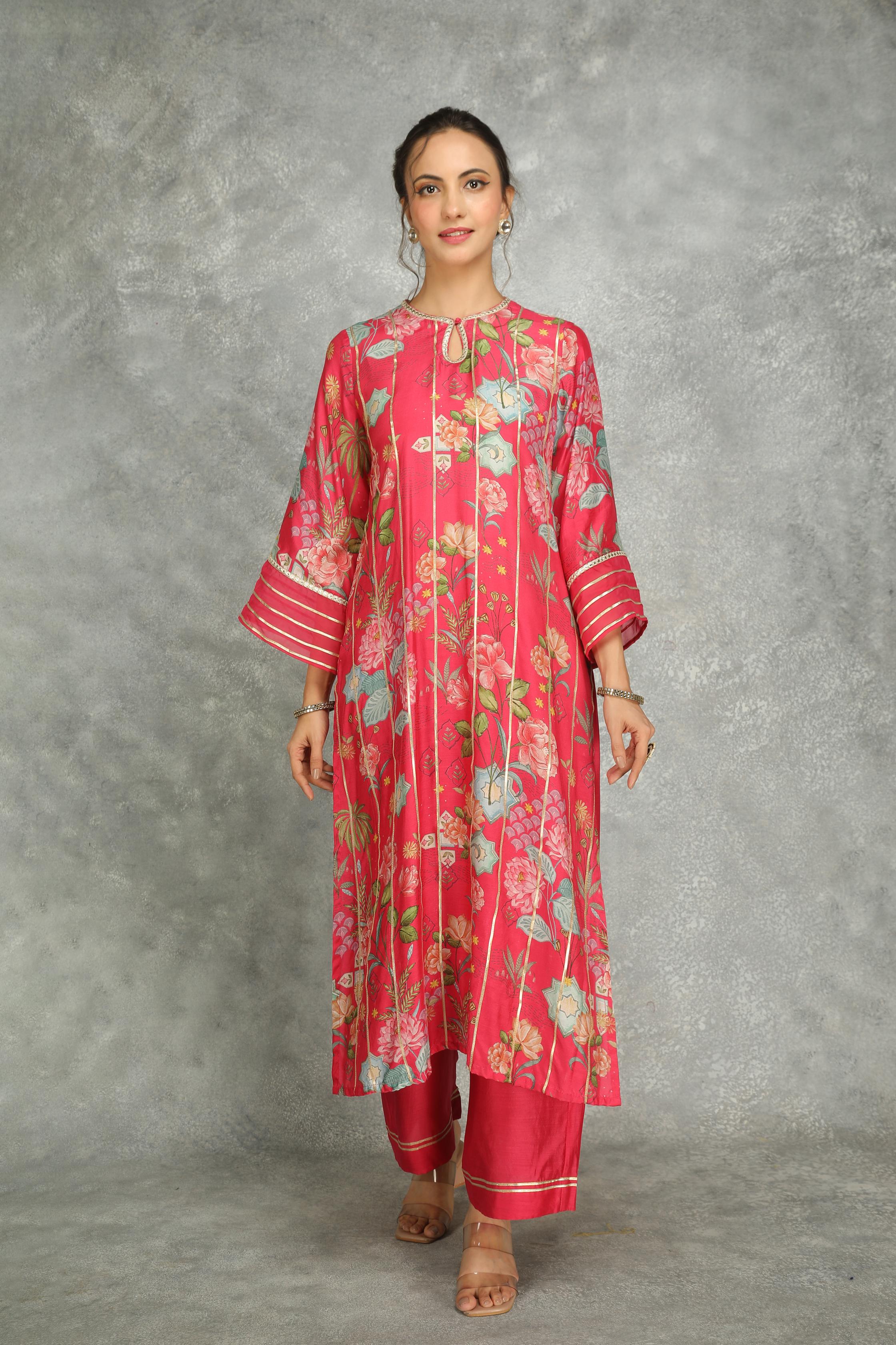 Hot Pink Printed Kurta with Pants and Dupatta Set of 3