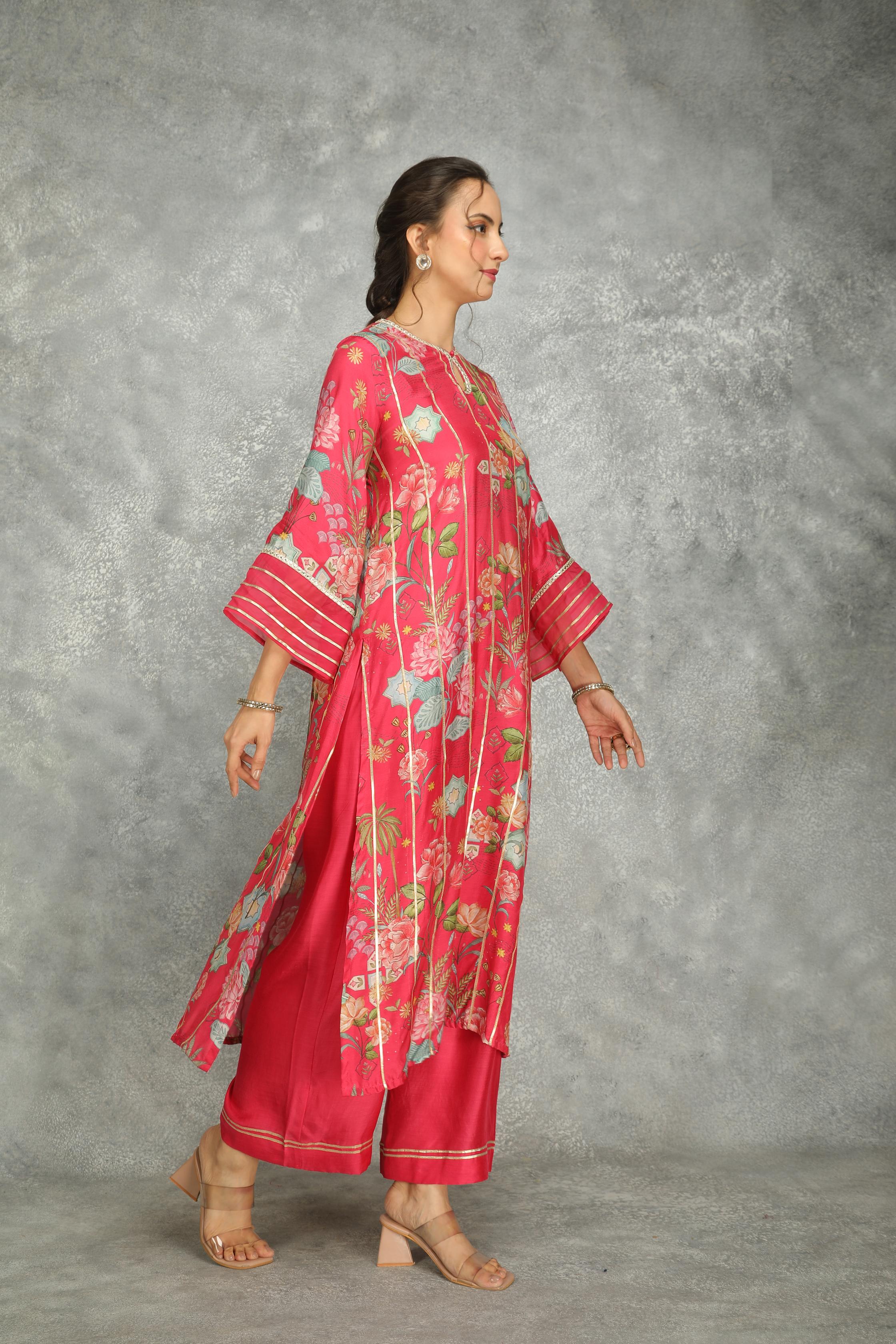 Hot Pink Printed Kurta with Pants and Dupatta Set of 3