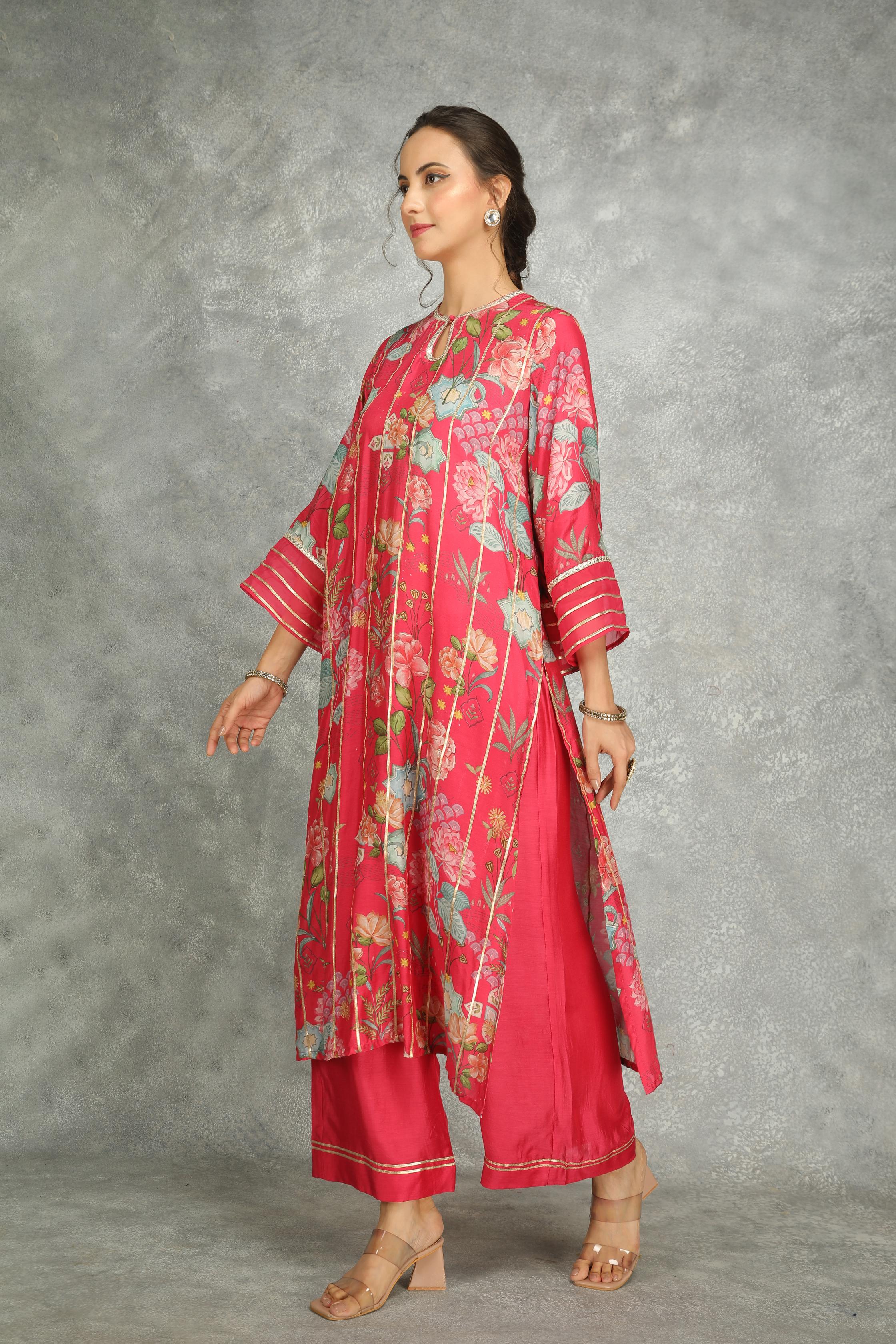 Hot Pink Printed Kurta with Pants and Dupatta Set of 3