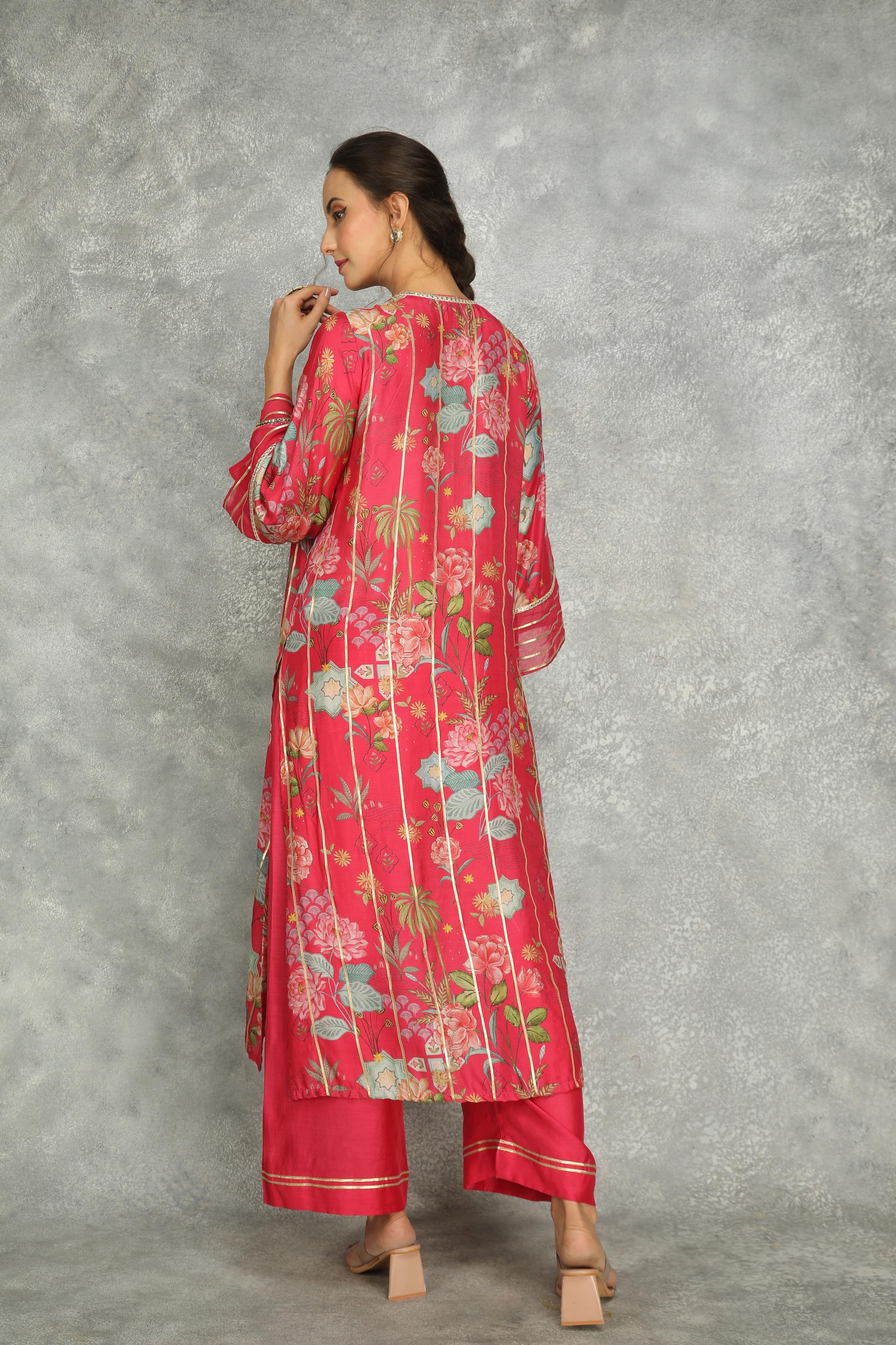 Hot Pink Printed Kurta with Pants and Dupatta Set of 3