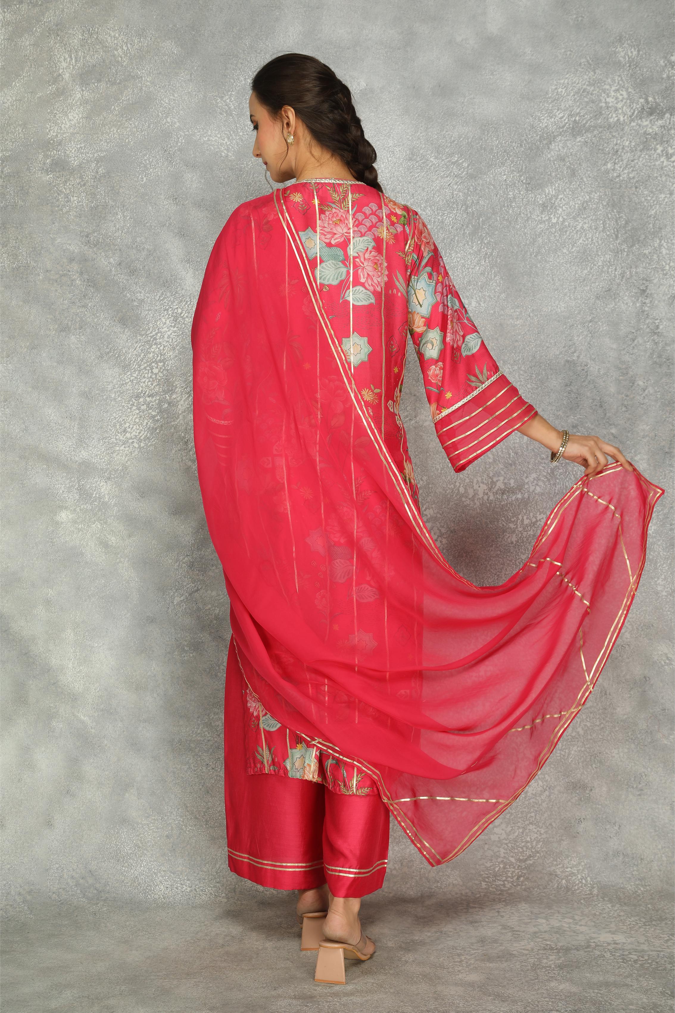 Hot Pink Printed Kurta with Pants and Dupatta Set of 3