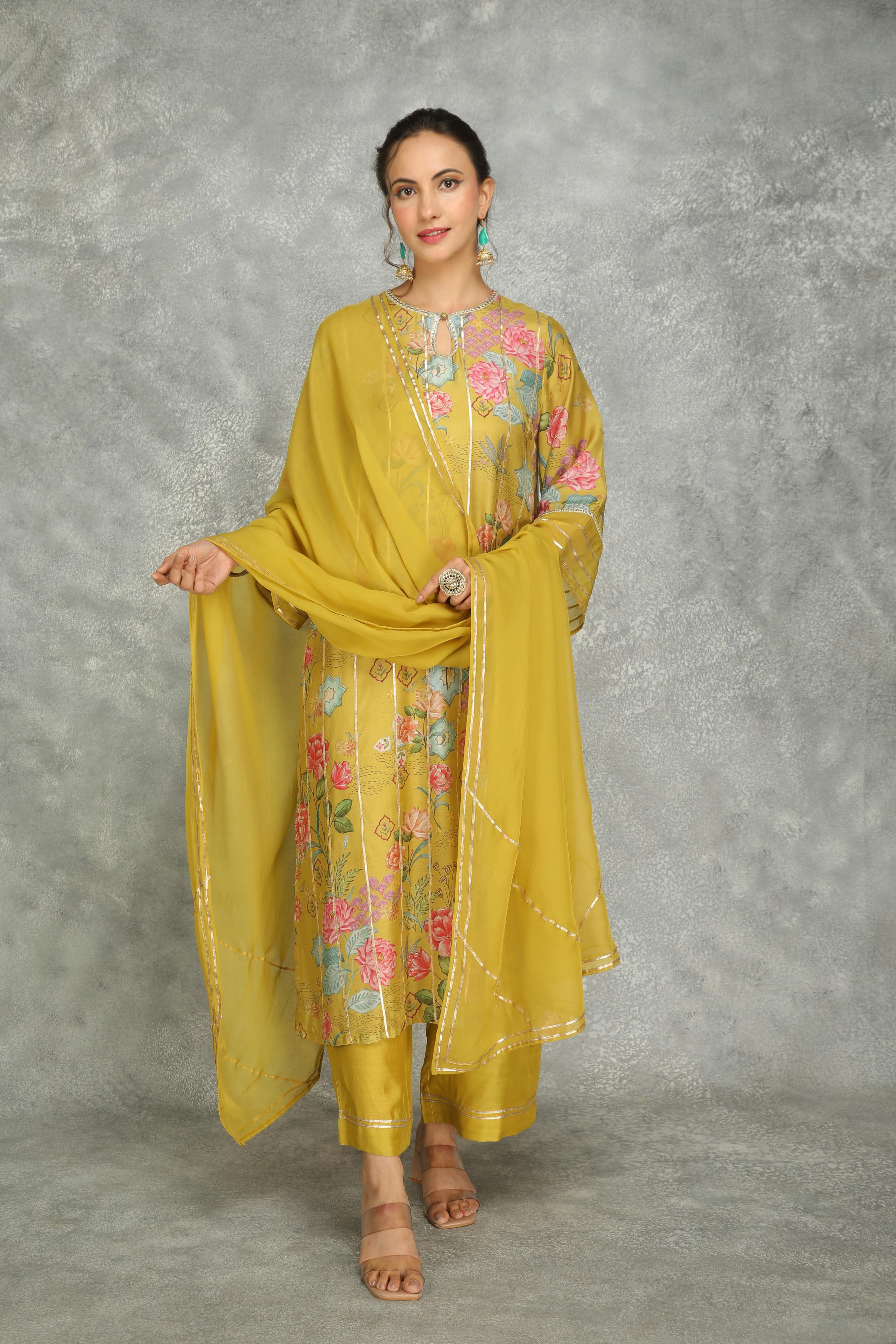 Mustard Green Printed Kurta with Pants and Dupatta Set of 3