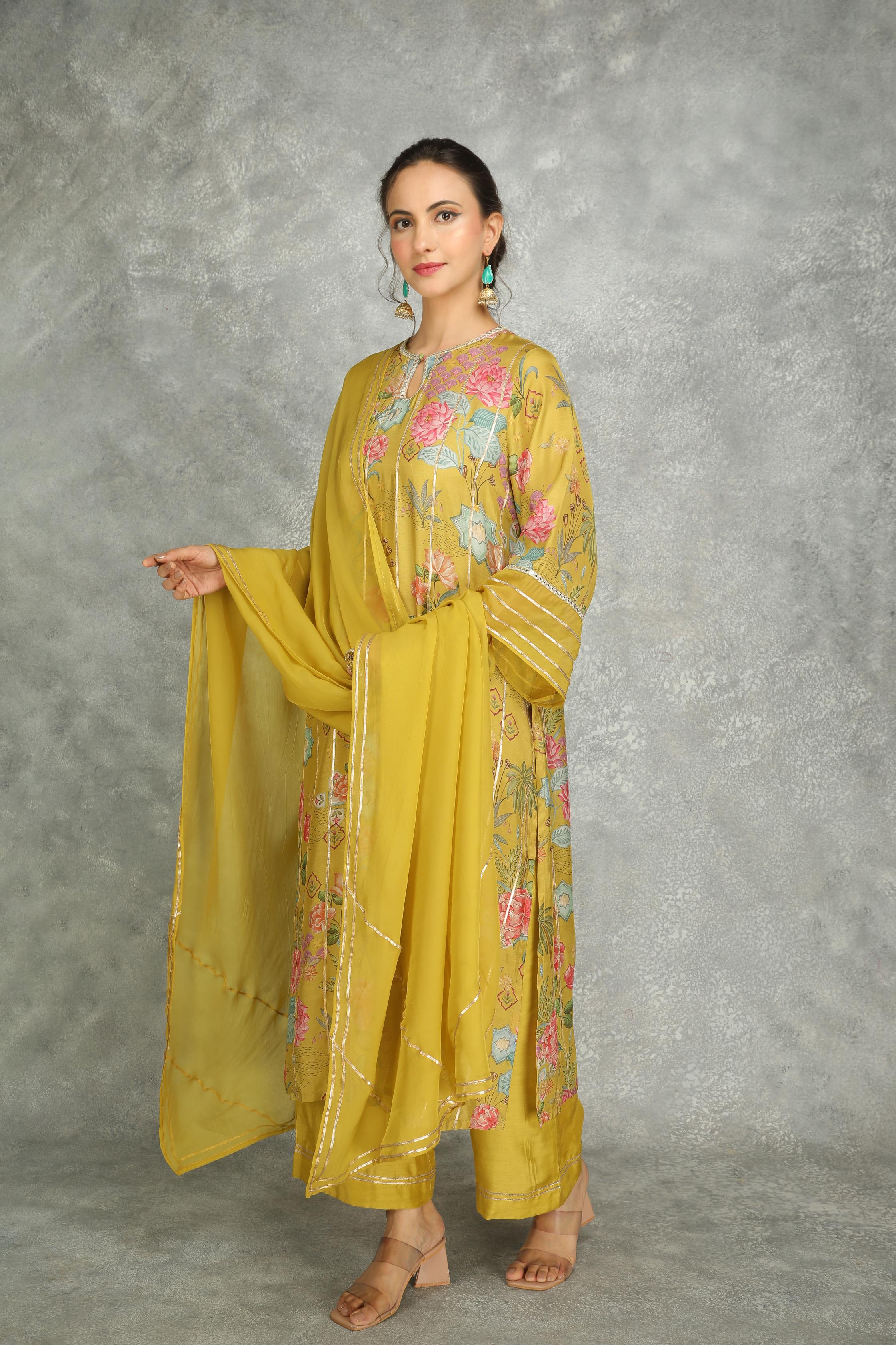 Mustard Green Printed Kurta with Pants and Dupatta Set of 3