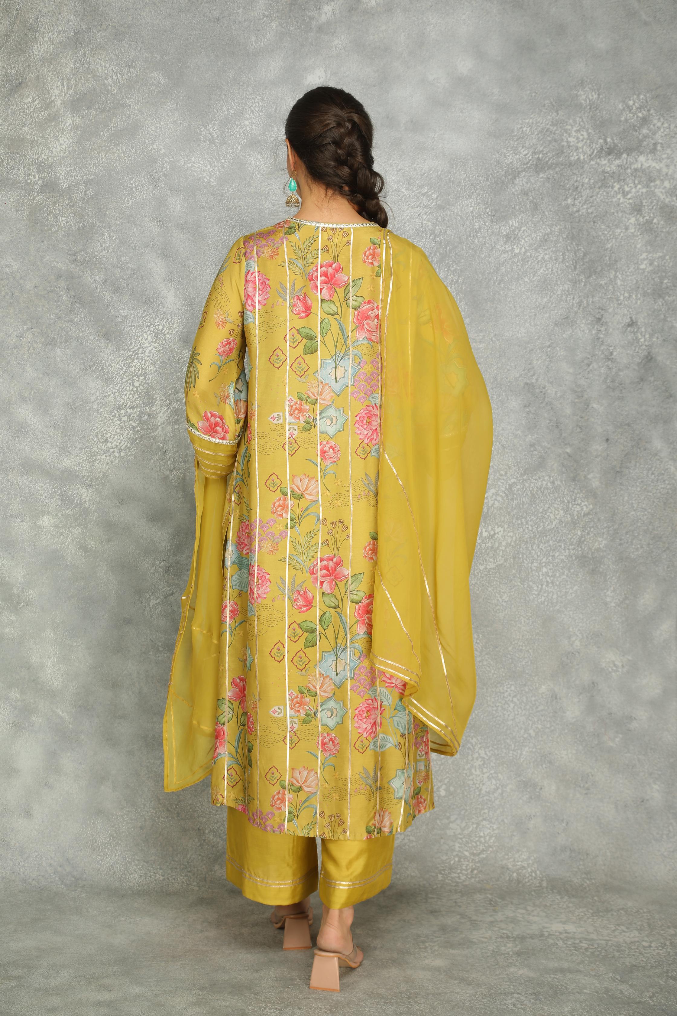 Mustard Green Printed Kurta with Pants and Dupatta Set of 3