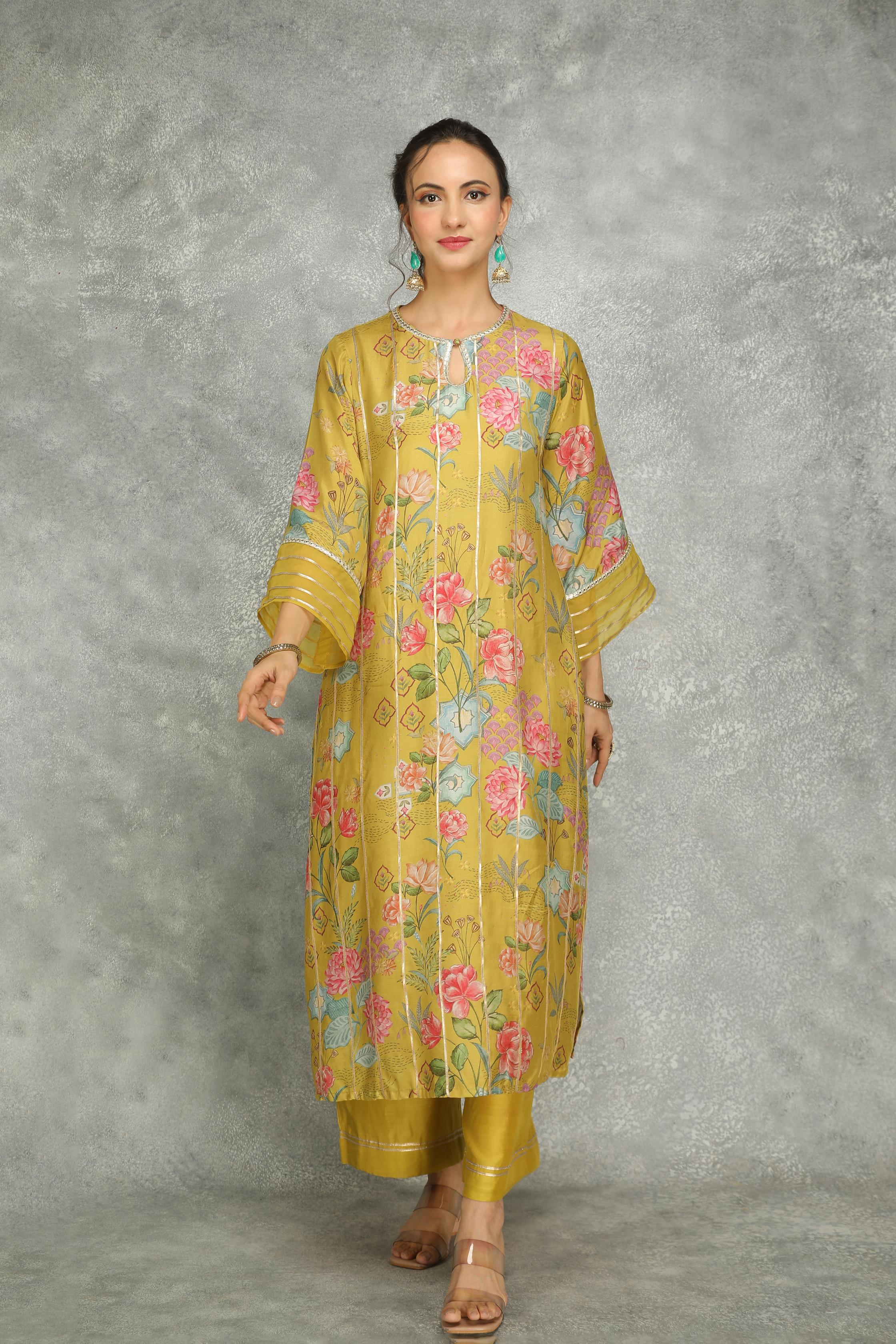 Mustard Green Printed Kurta with Pants and Dupatta Set of 3