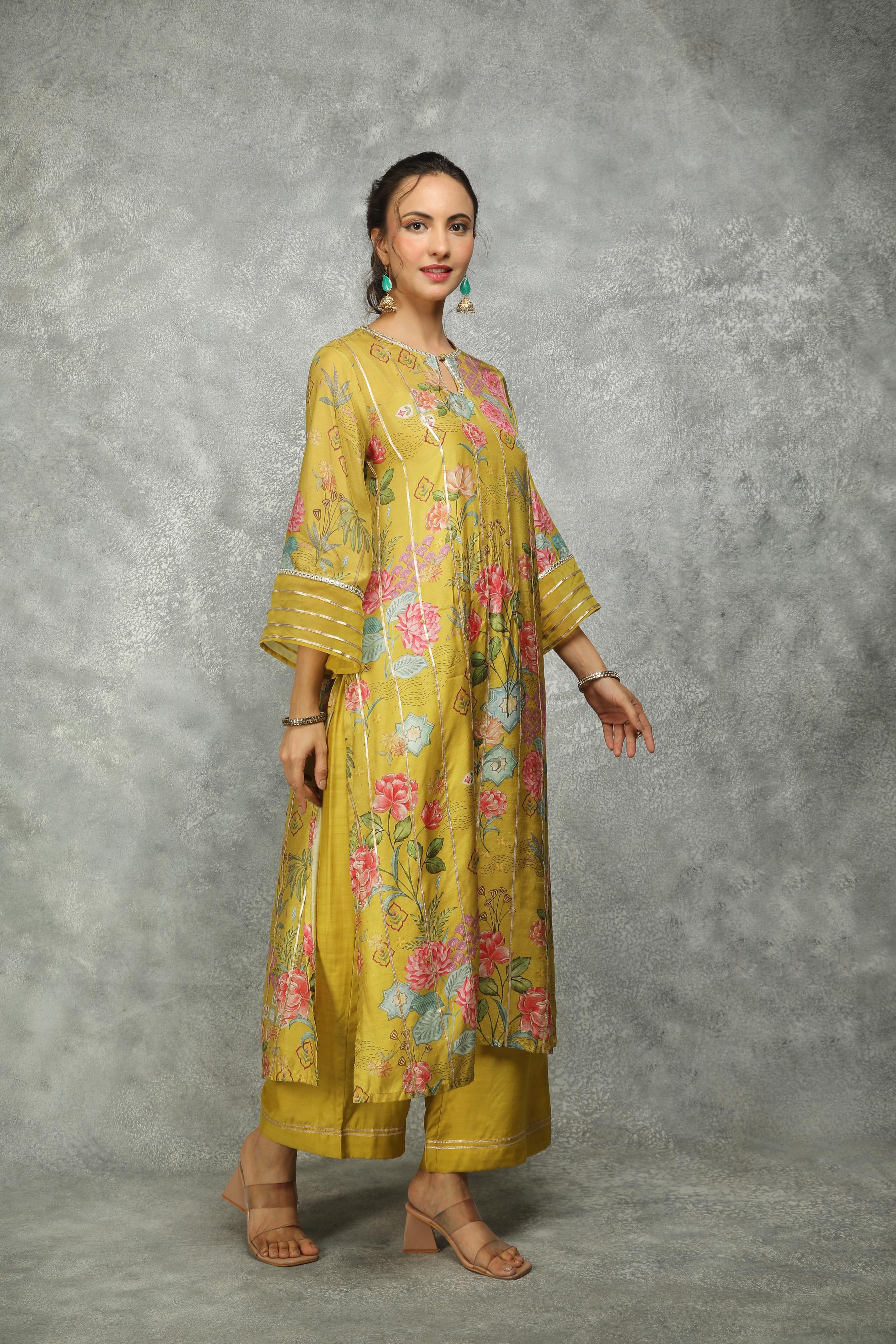 Mustard Green Printed Kurta with Pants and Dupatta Set of 3