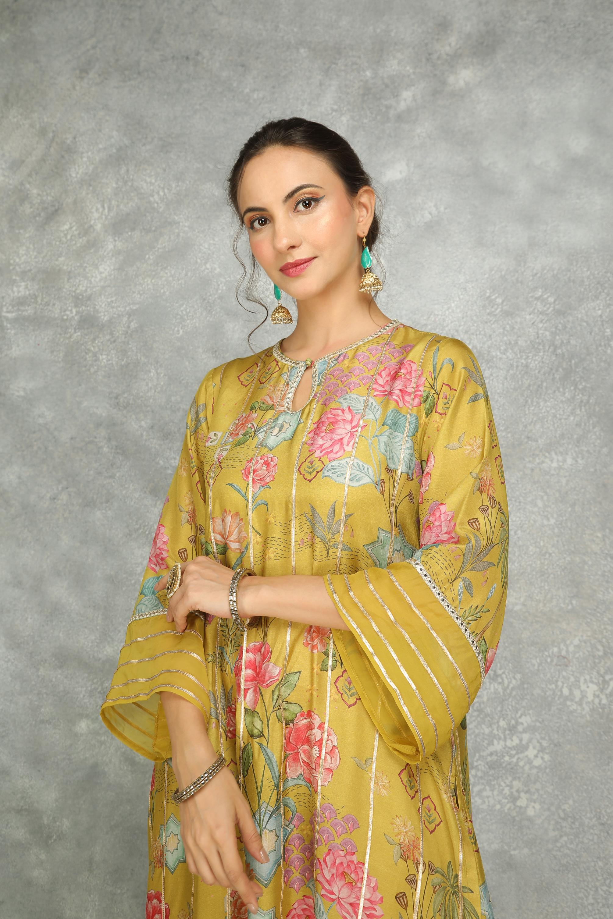 Mustard Green Printed Kurta with Pants and Dupatta Set of 3