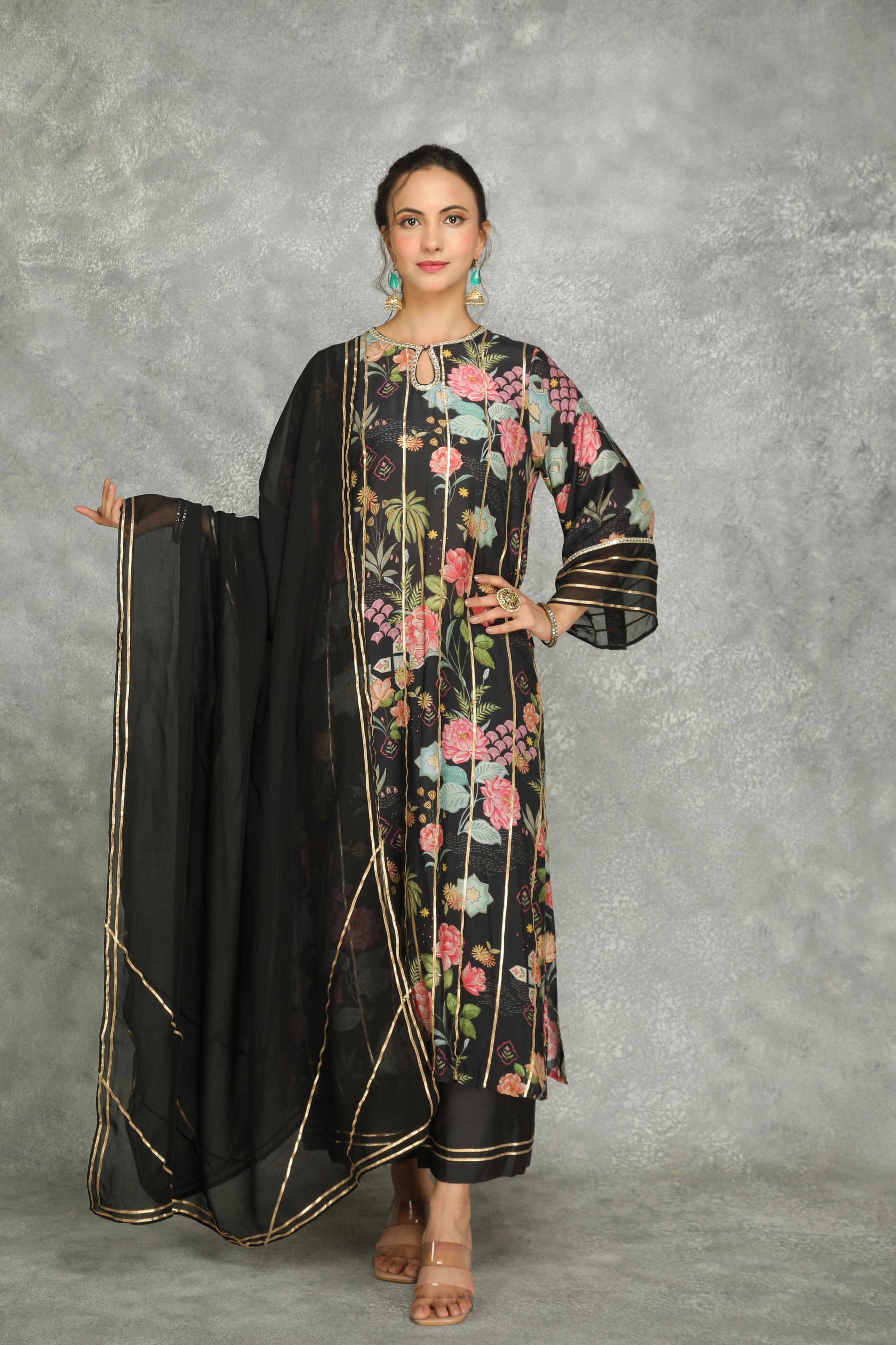 Black Printed Kurta with Pants and Dupatta Set of 3