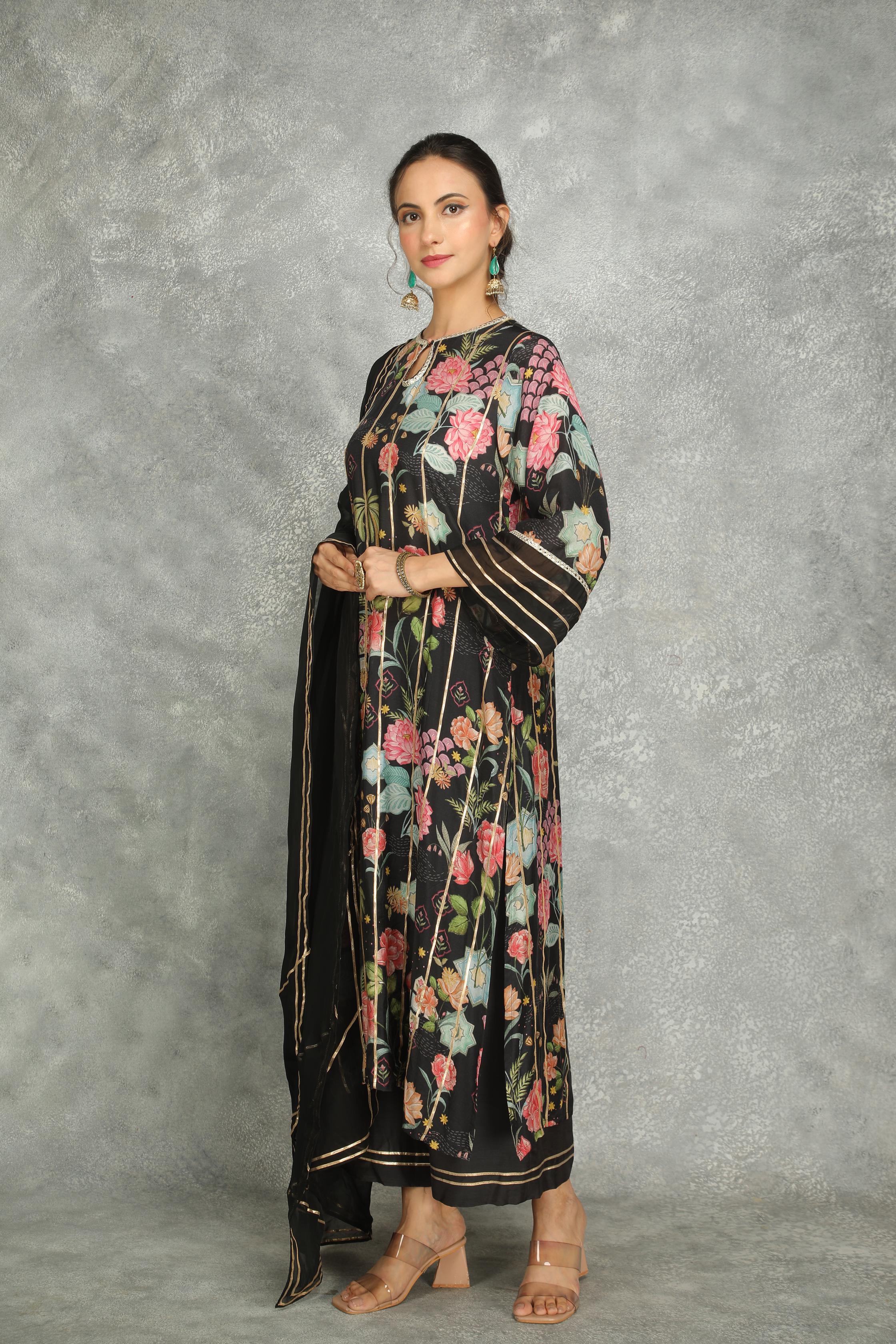 Black Printed Kurta with Pants and Dupatta Set of 3