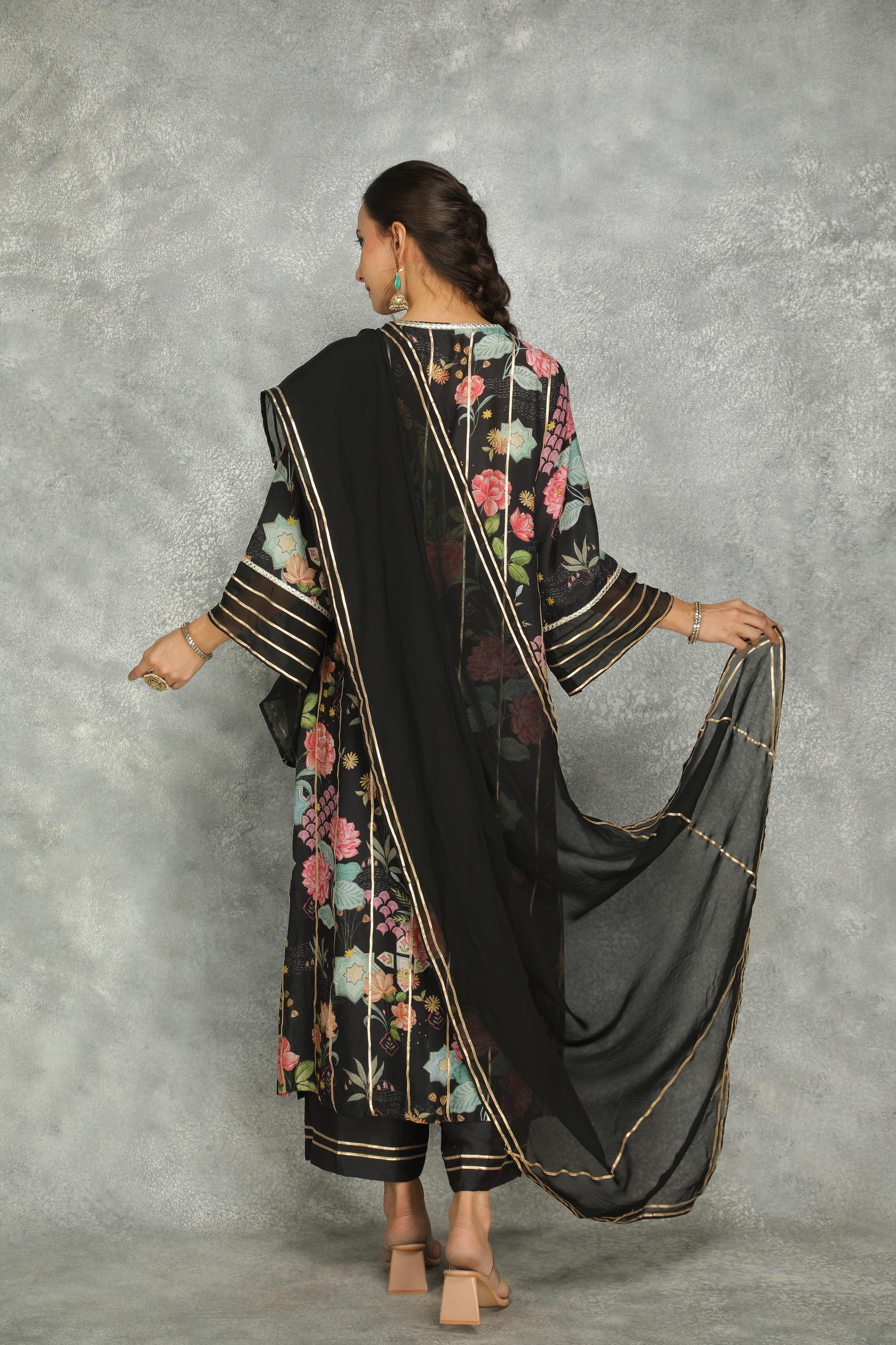 Black Printed Kurta with Pants and Dupatta Set of 3