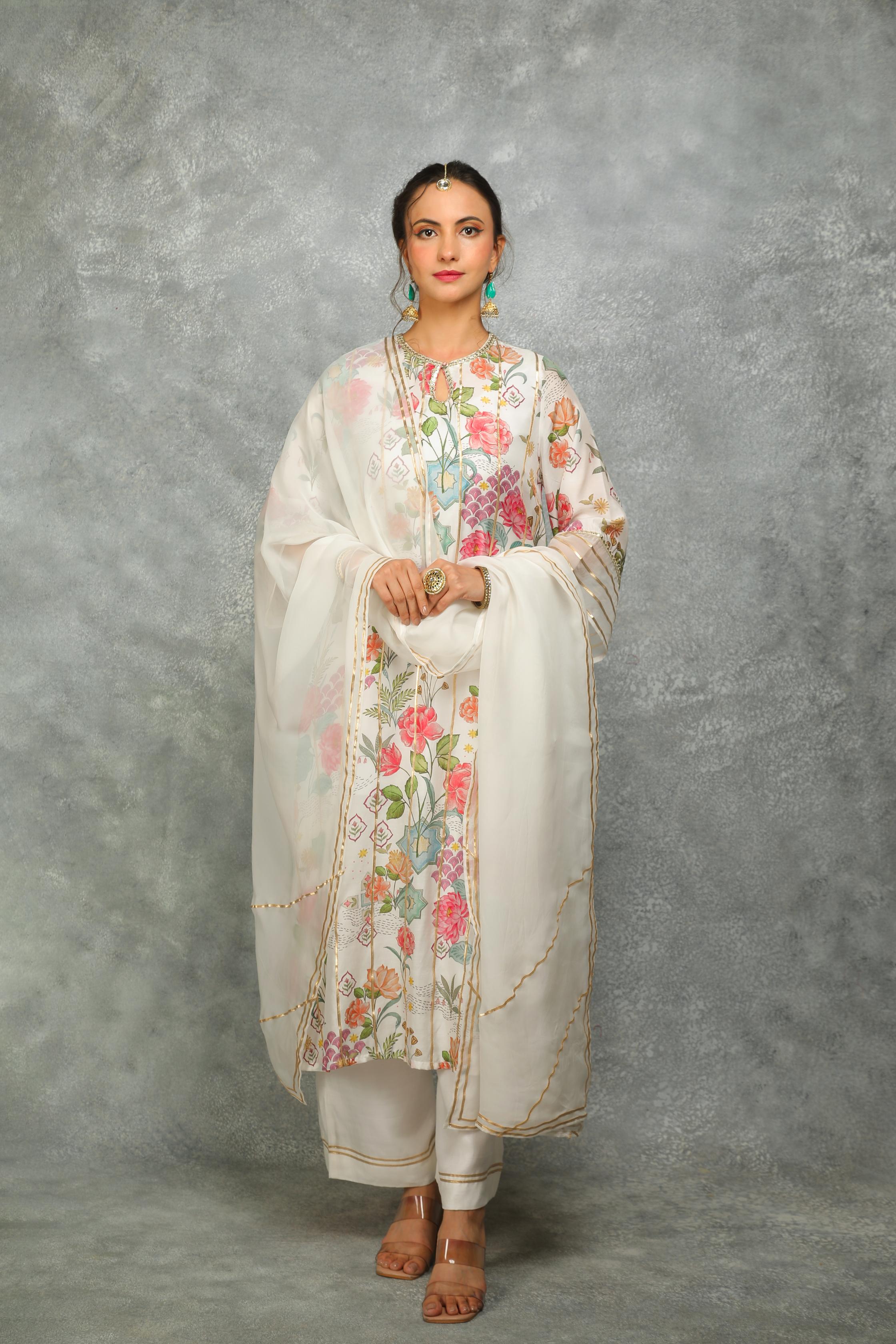 White Printed Kurta with Pants and Dupatta Set of 3