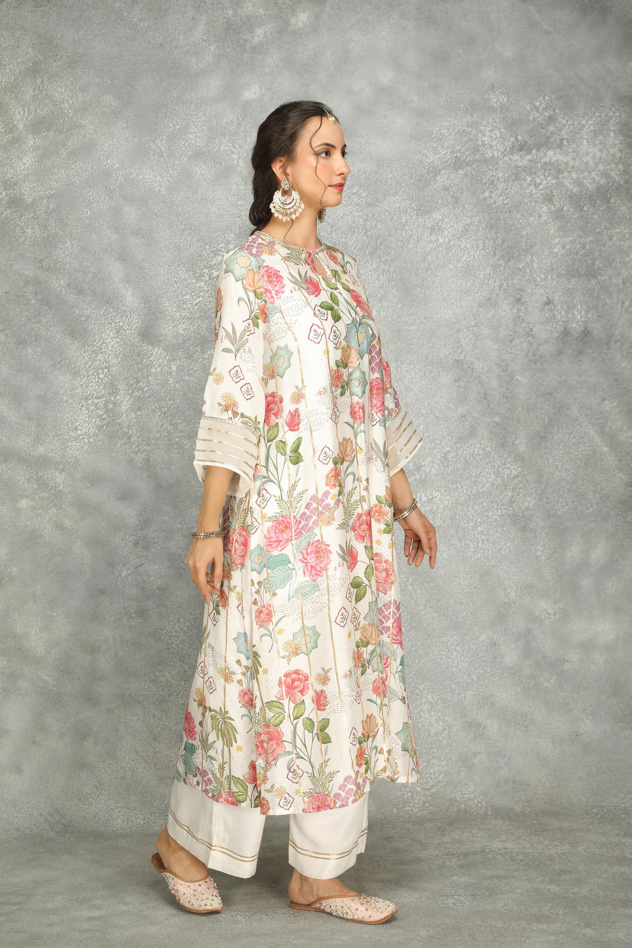 White Printed Kurta with Pants and Dupatta Set of 3